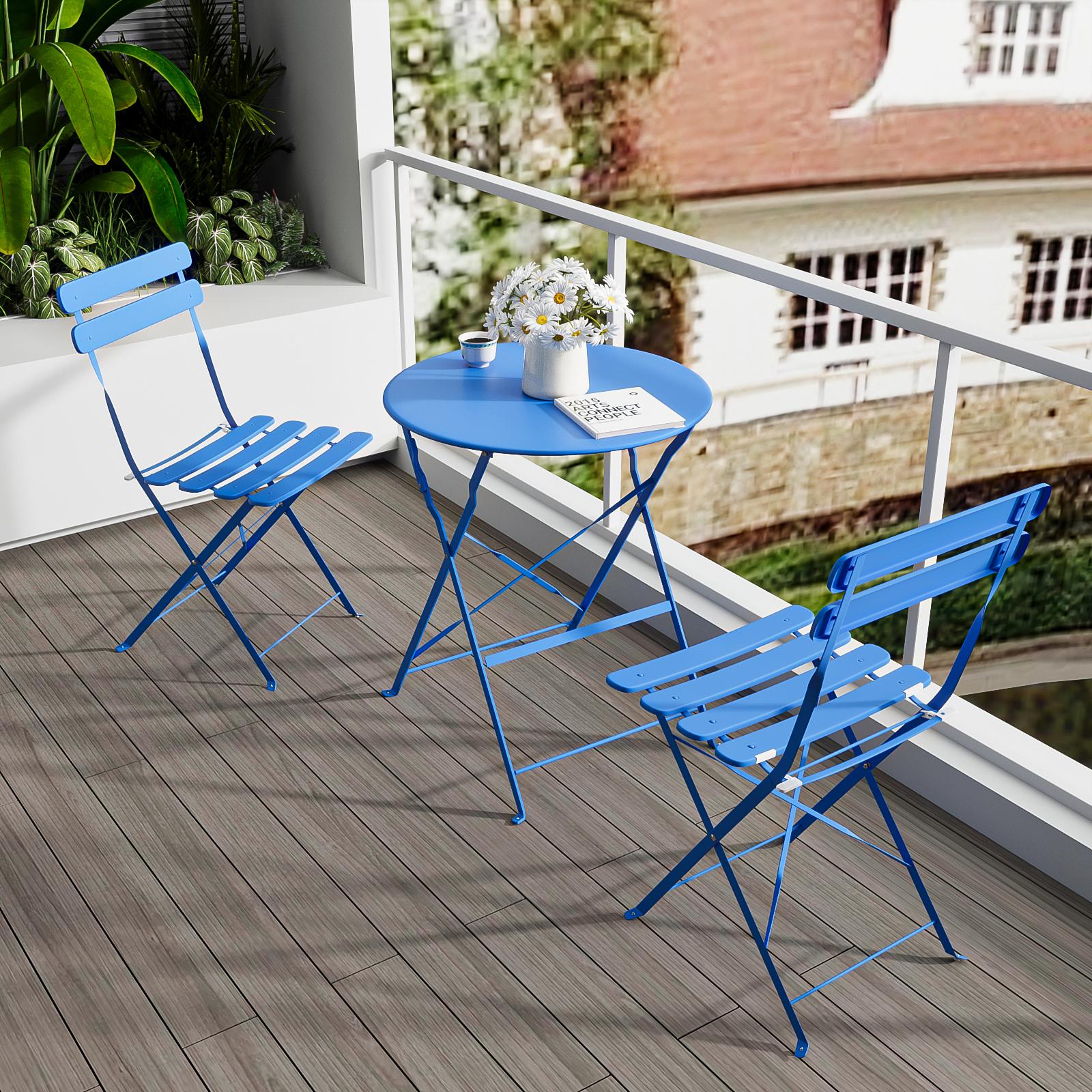 BABOOM BOM-0128198-OR Patio Bistro Set 3 -Piece Blue Patio Dining Set Steel Round Table with 2 Stationary Chairs