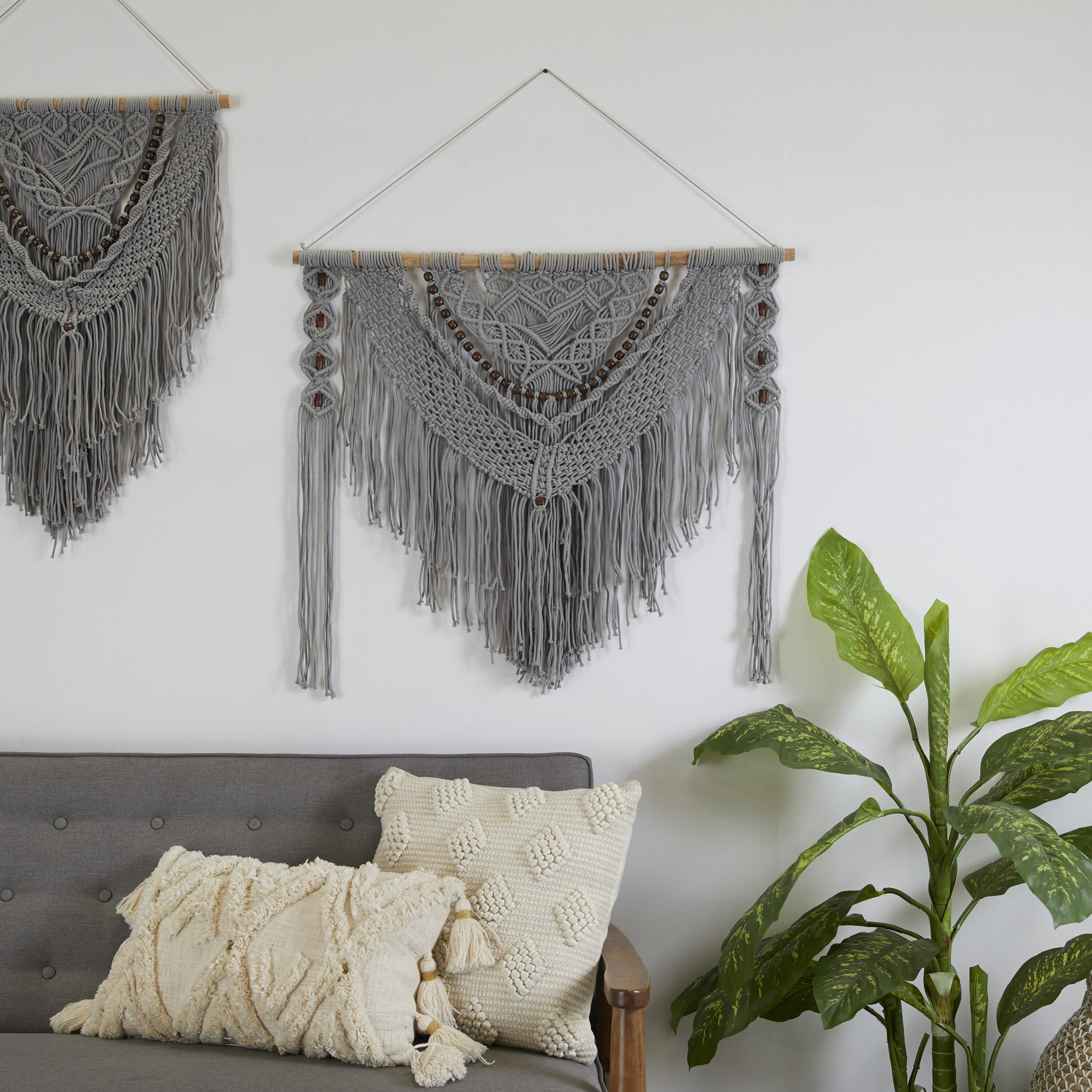Grayson Lane 94211 36-Inches W x 46-Inches H Wood Macrame Handmade Intricately Weaved with Beaded Fringe Tassels Bohemian Wall tapestry