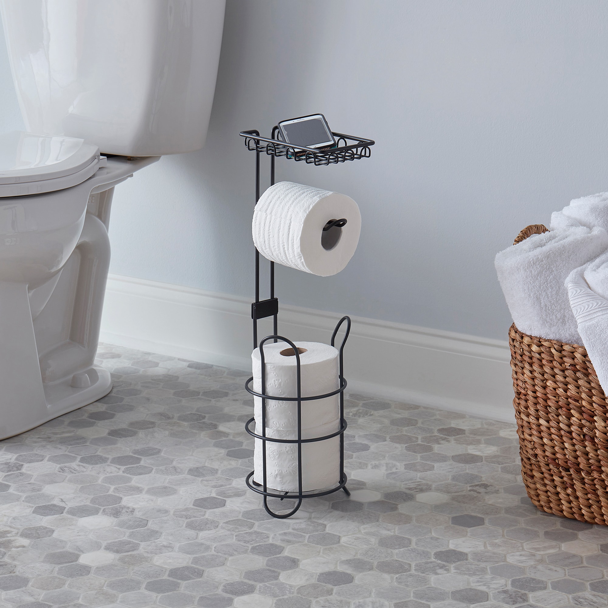 Delta Freestanding Toilet Paper Holder with Shelf and Reserve in