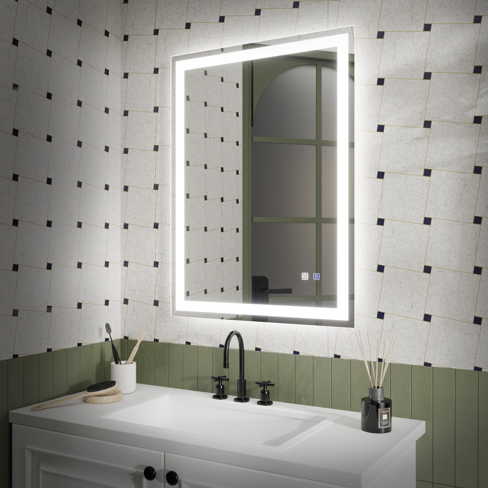 ExBrite JQBM2436FBVC 24-Inches x 32-Inches Beveled Frameless Rectangle Dimmable Lighted Fog Free Bathroom Vanity Mirror ( White )