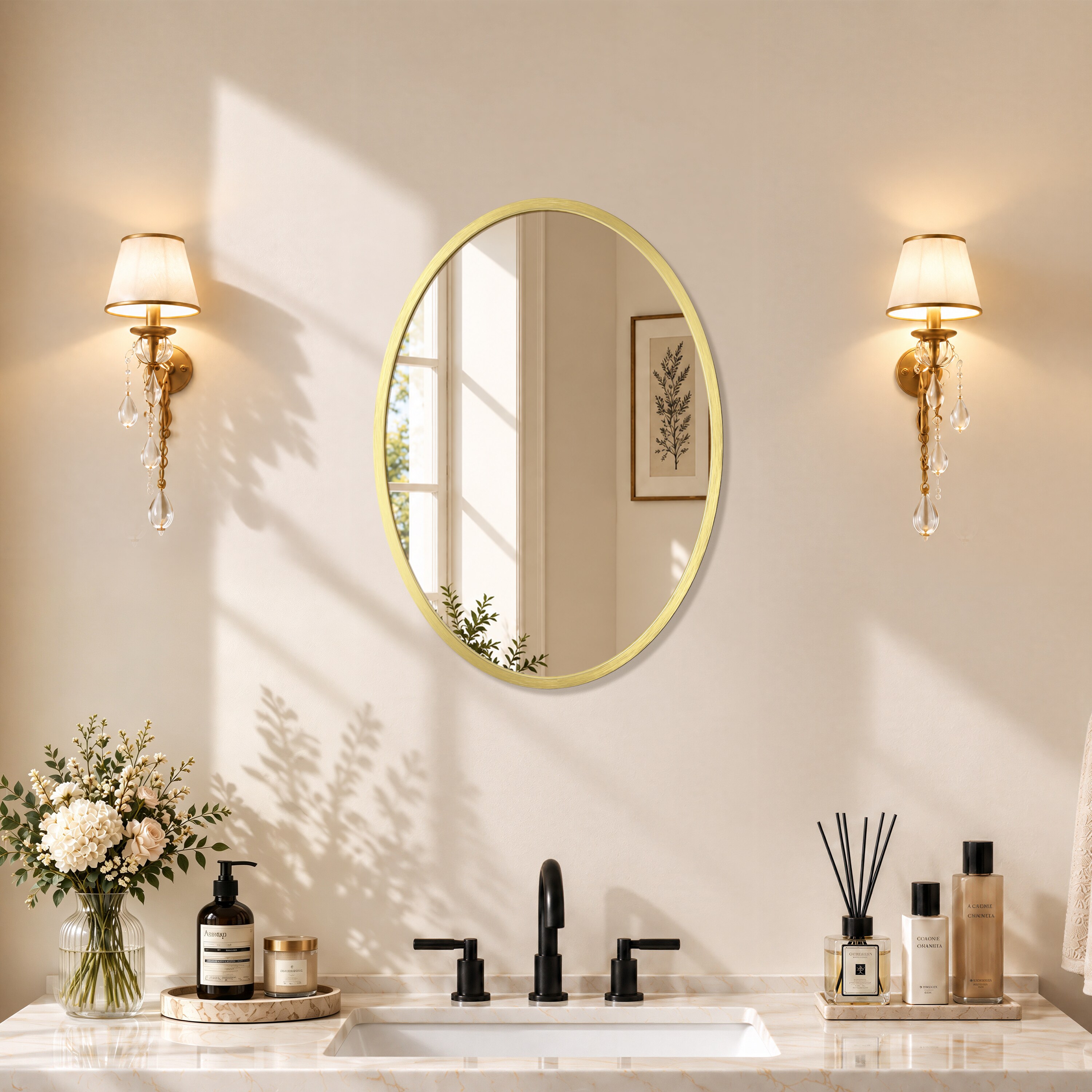 Velusian 20 in. W x 28 in. H Oval Framed Aluminum Bathroom Wall Mirror in Brushed Gold