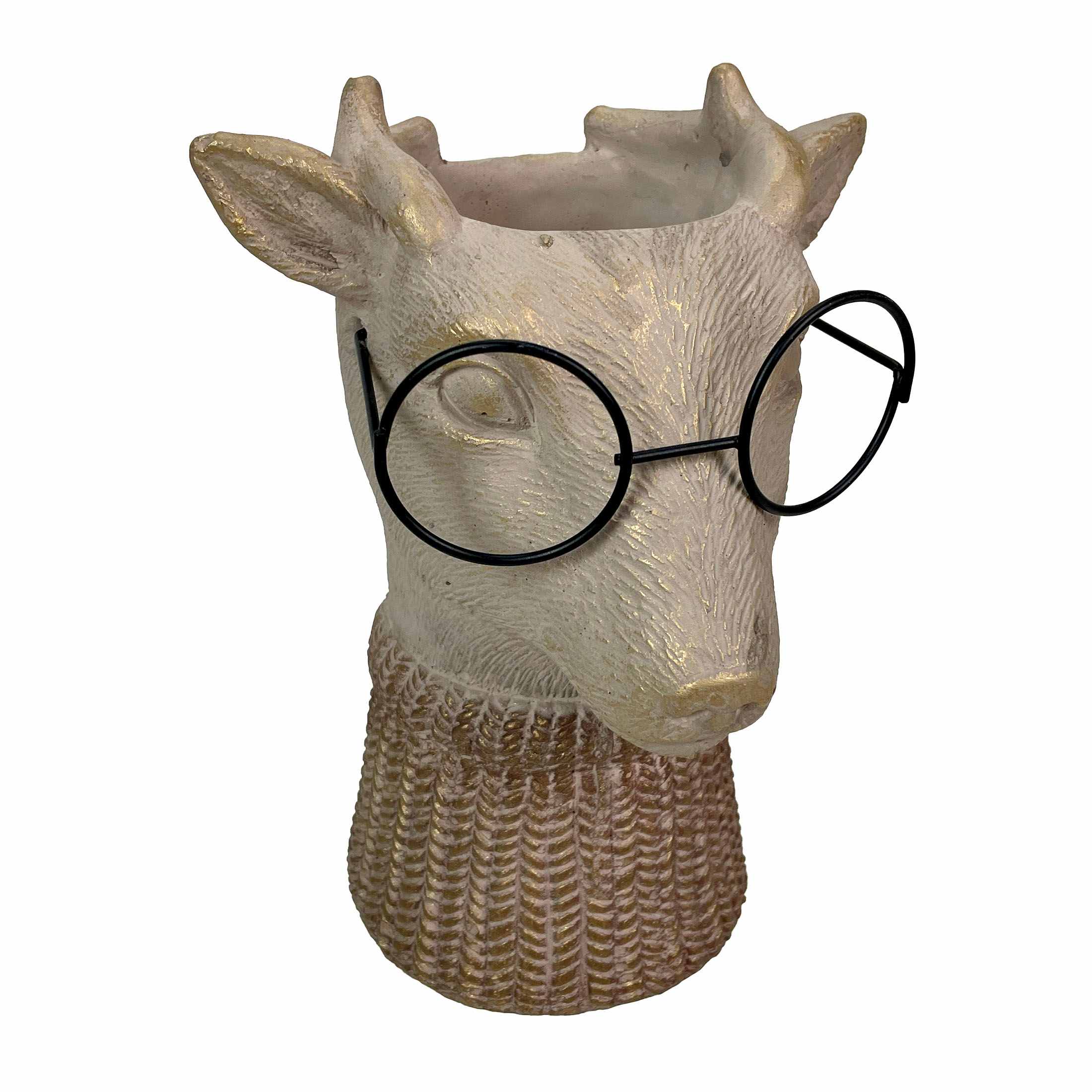 Things2Die4 Bespectacled Deer Cement Vase 8.7 Inch Gold Accents Knit Scarf Real Glasses