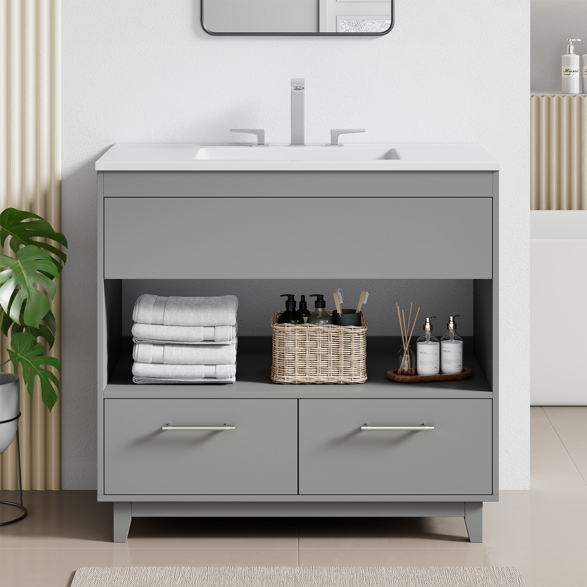 JEAREY 24MY-SMW Easy installation Vanities 36-in Gray Single Sink Bathroom Vanity with White Cultured Marble Top
