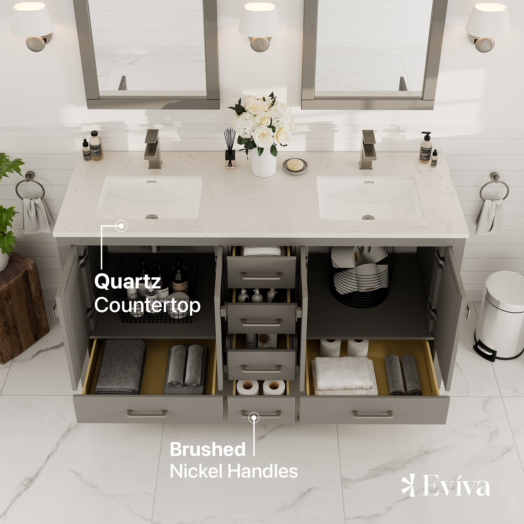 Gray Double Sink Bathroom Vanity with White Quartz Countertop