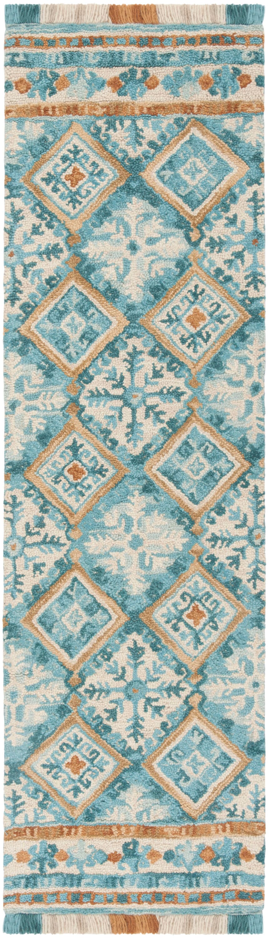 Ivory and Teal Floral Wool Tufted Runner Rug 2'3" x 8'