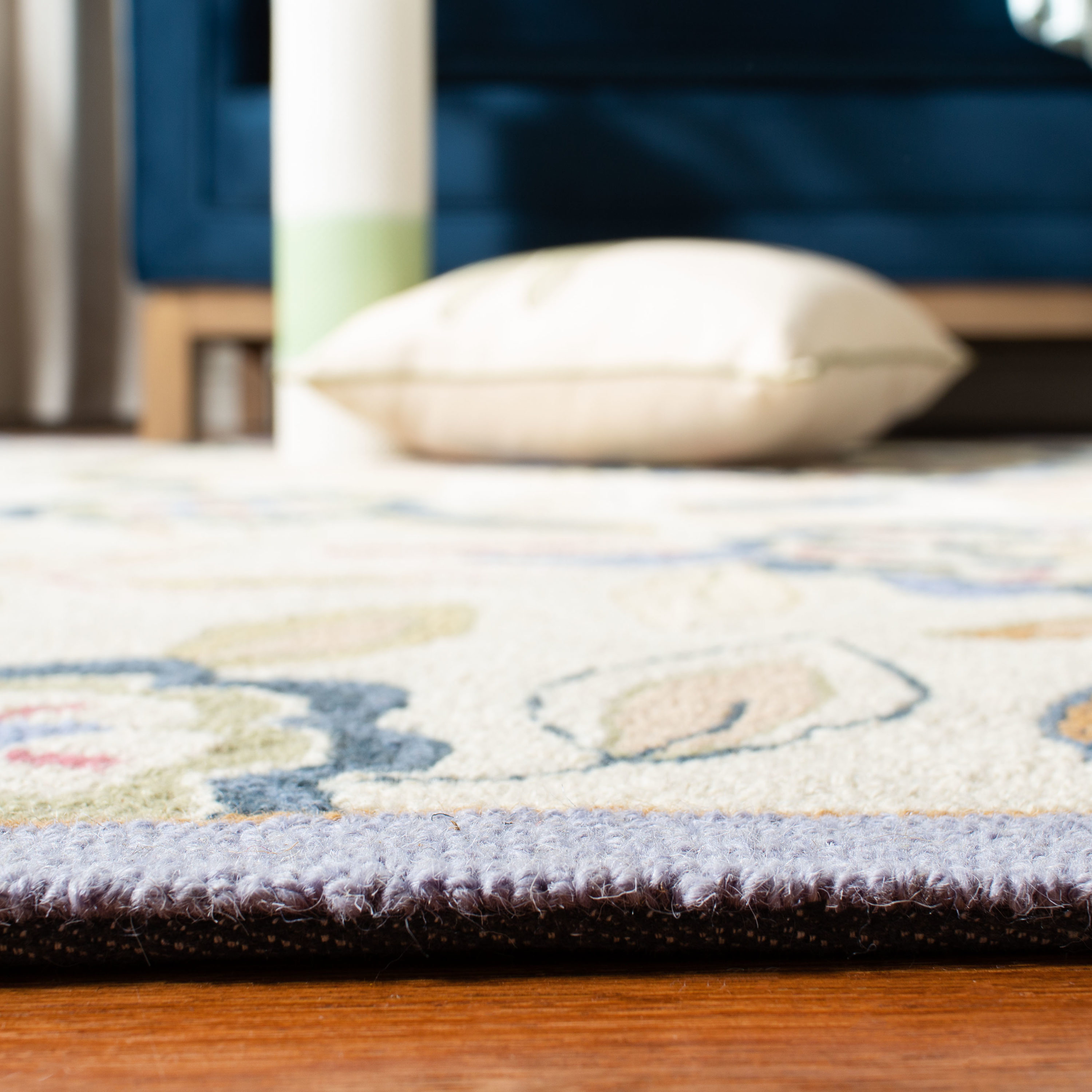 Ivory and Blue Floral Wool Runner Rug, 2'6" x 8'