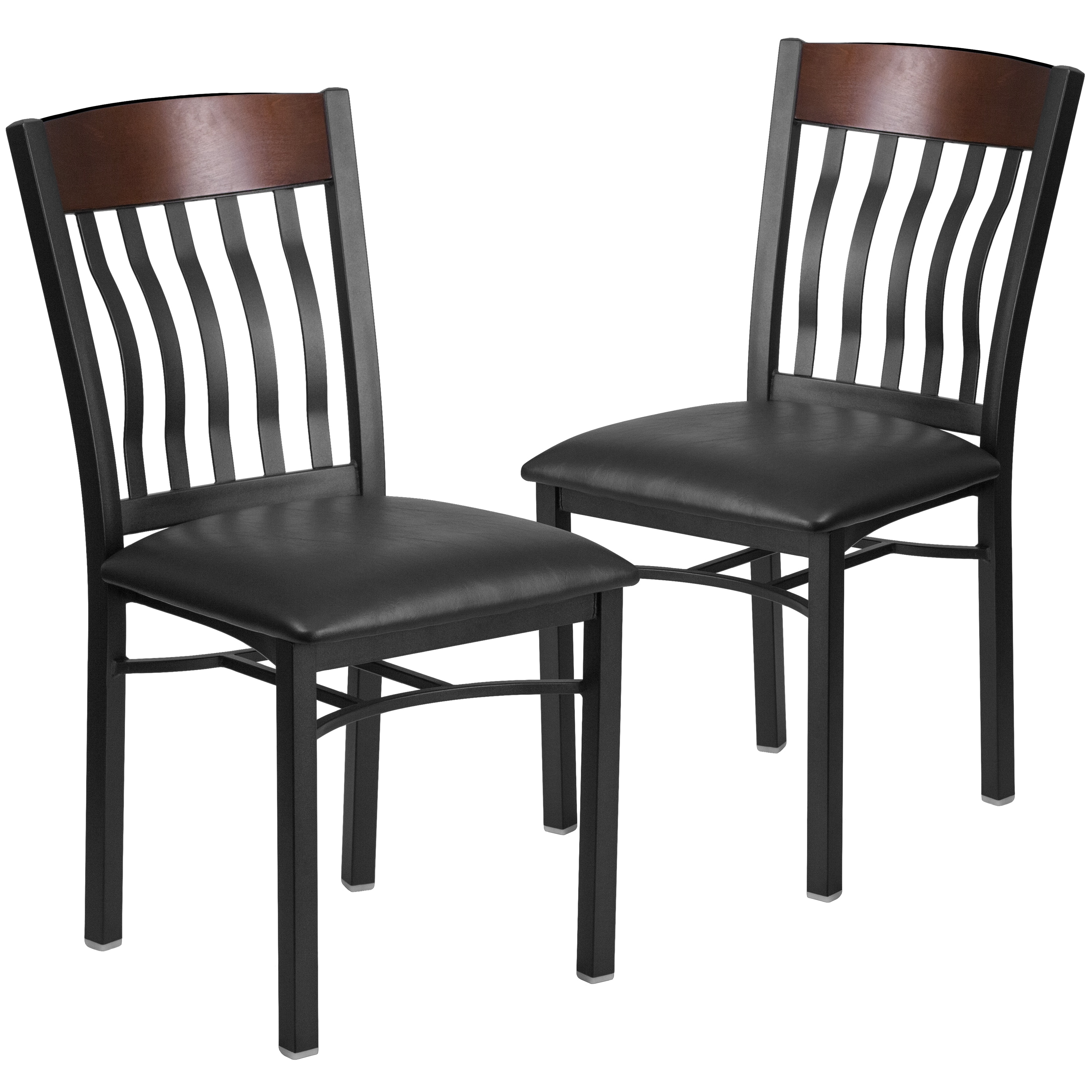 Flash Furniture 889142080497 2 Pack Eclipse Series Vertical Back Black Metal and Walnut Wood Restaurant Chair with Black Vinyl Seat