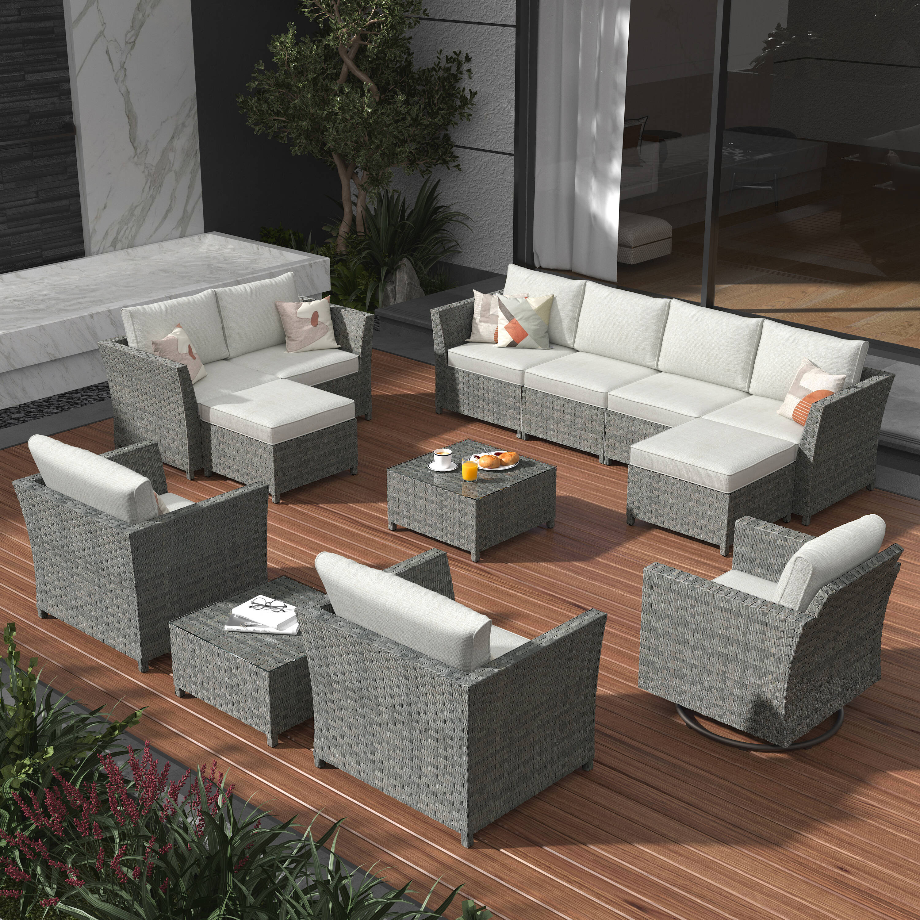XIZZI XIBRS6135-RC2 Pervinca 13-Piece Rattan Patio Sofa Conversation Set with Off-white Cushions