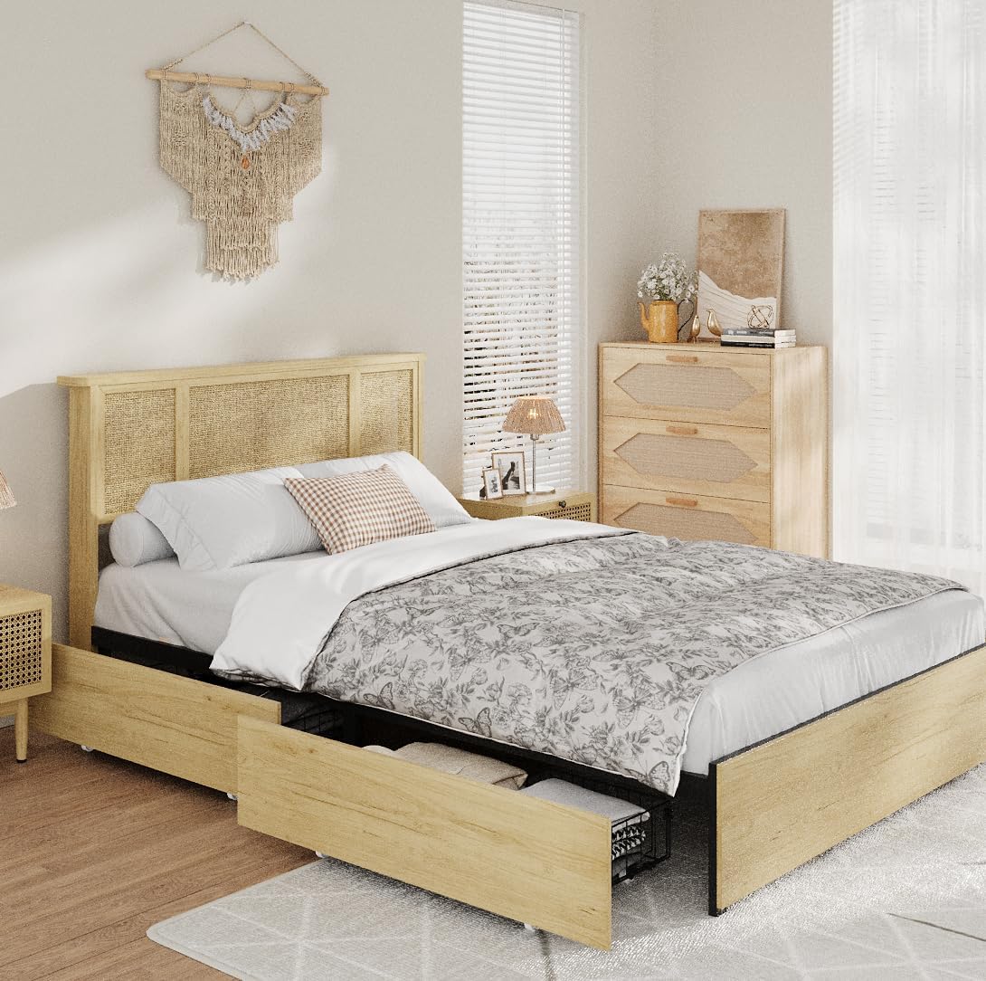 Qeetex LHF-BED-PHK-33CM9C4E Full Bed Frame with Natural Rattan Headboard 4 Storage Drawers Slats Bohemian-Style Cane Mattress Support Strong Metal Base with Resilient Wooden No Box Spring Needed