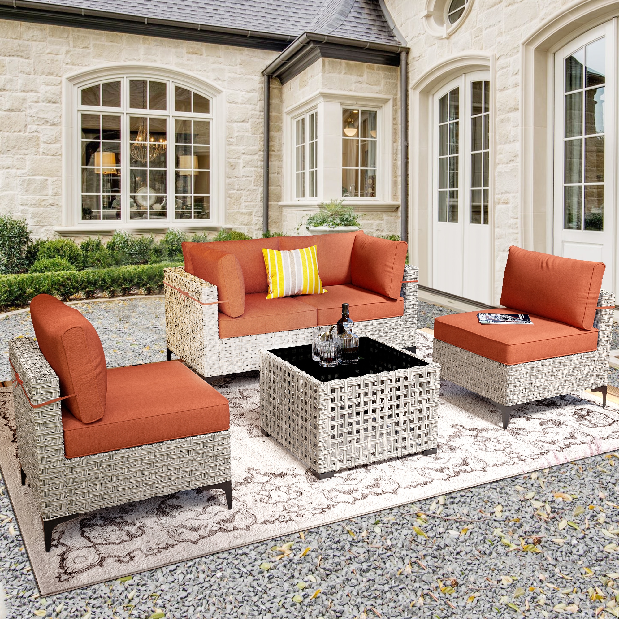 Ovios SK80C5 5 -Piece Wicker Patio Conversation Set with Orange Cushions