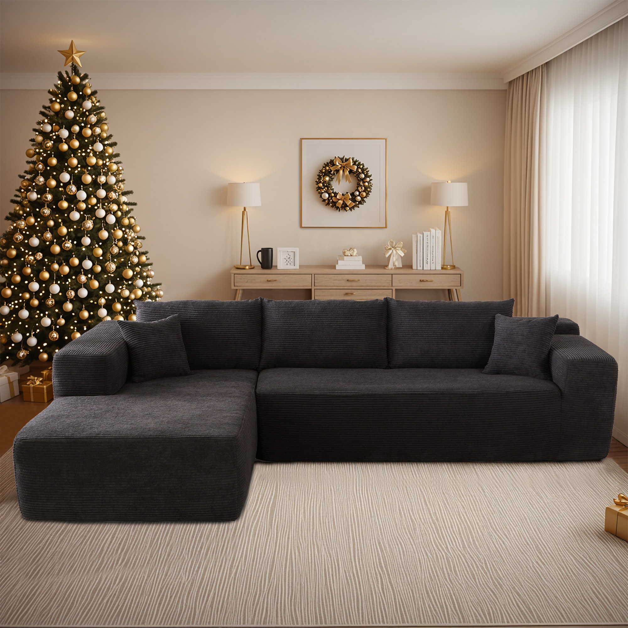 Pouuin SVIVI-400L 106.2-in Casual Black Corduroy 3 -seater Sectional