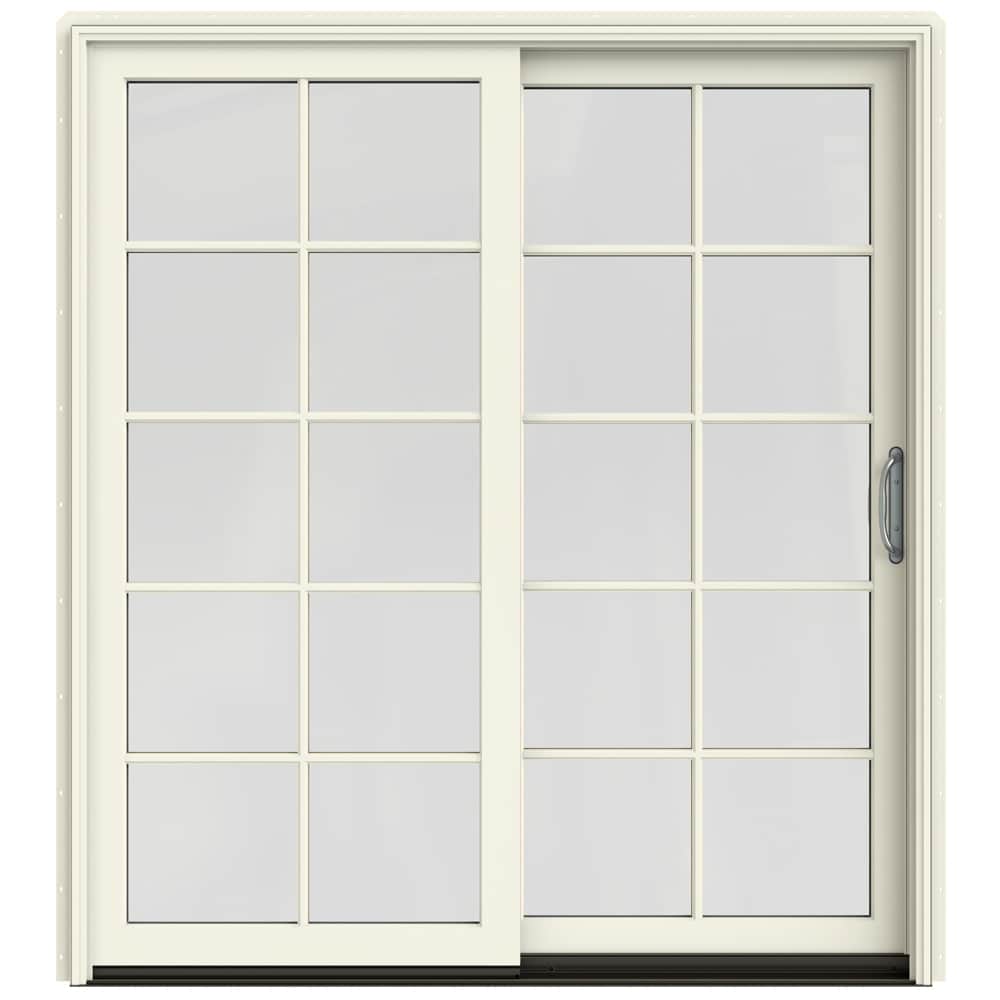 JELD-WEN LOWOLJW220101018 72-in x 80-in Low-e Argon Simulated Divided Light Vanilla Clad-wood Sliding Right-Hand Sliding Double Patio Door Screen Included
