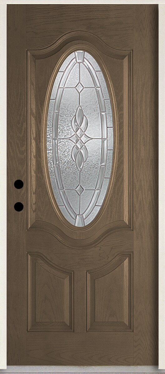 RELIABILT LO963915 Hampton 36-in x 80-in x 4-5/8-in Fiberglass Oval lite Right-hand inswing Walnut Stain Stained Prehung Front Door Insulating core