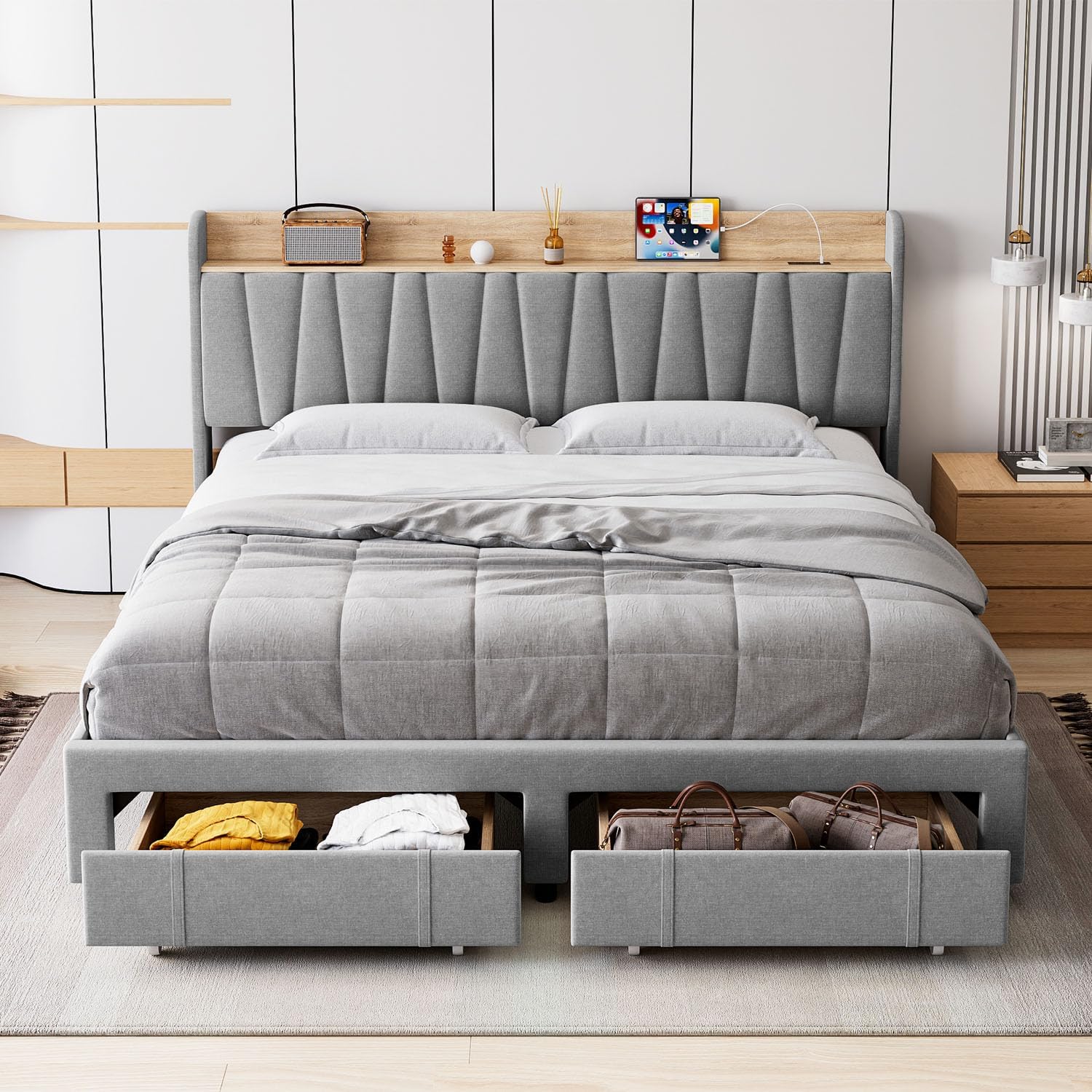 GAOMON King Size Bed Frame with 2 Storage Drawers Upholstered Platform ...