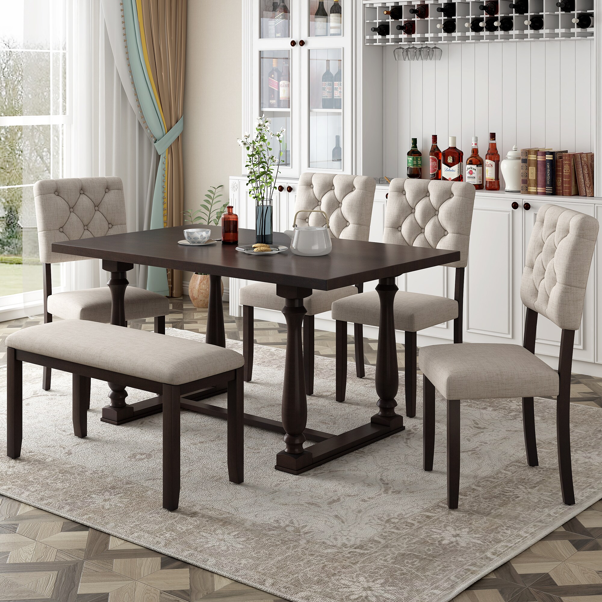 JANSNO DKSELL025 Espresso Rustic Dining Room Set with Rectangular Table ( Seats 6 )