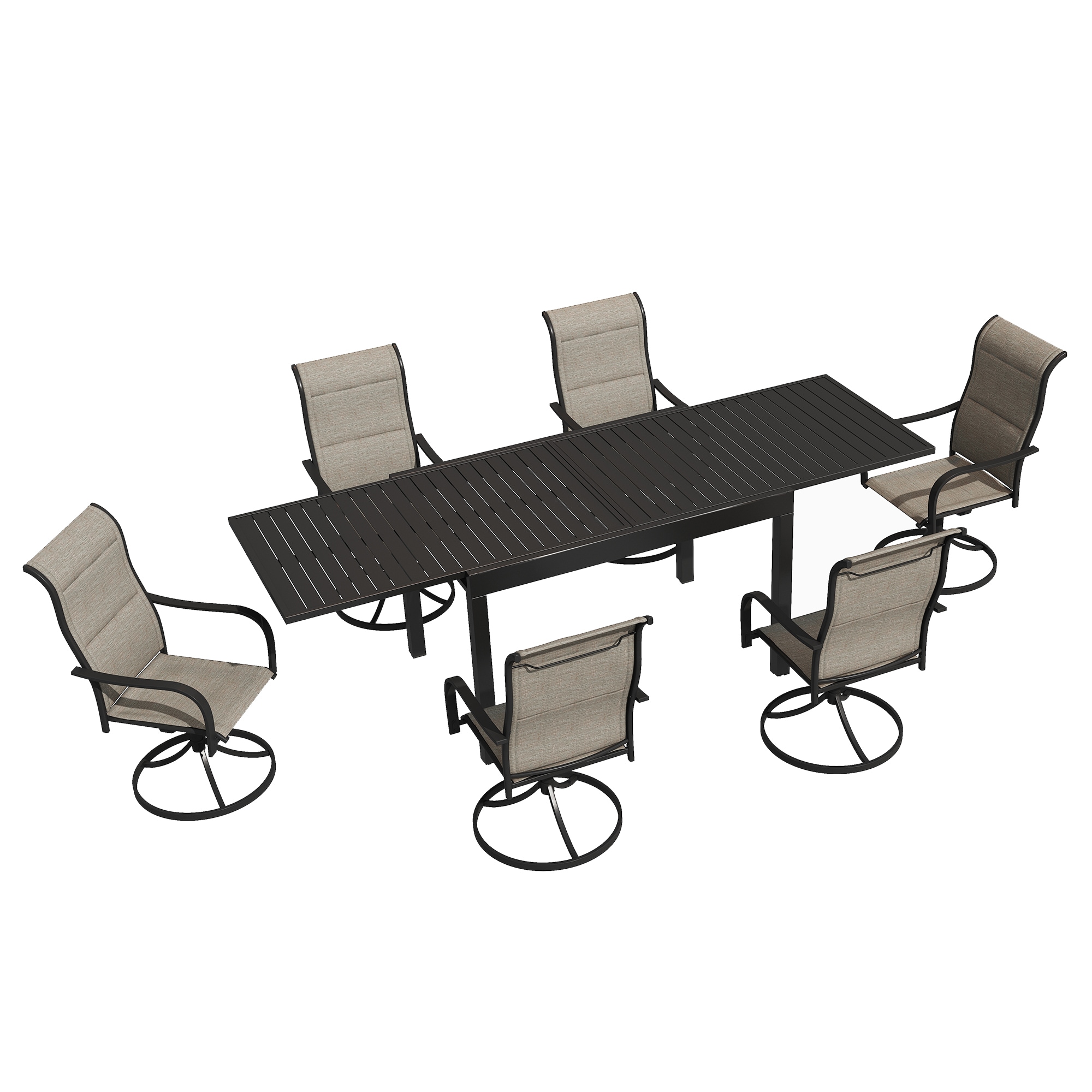 Clihome CL-020-59A 6Pcs Swivel Chairs with 1 Extendable Dining Table 7 -Piece Black Patio Dining Set Extendable Table Aluminum Rectangle Table with 6 Beige Swivel Chairs