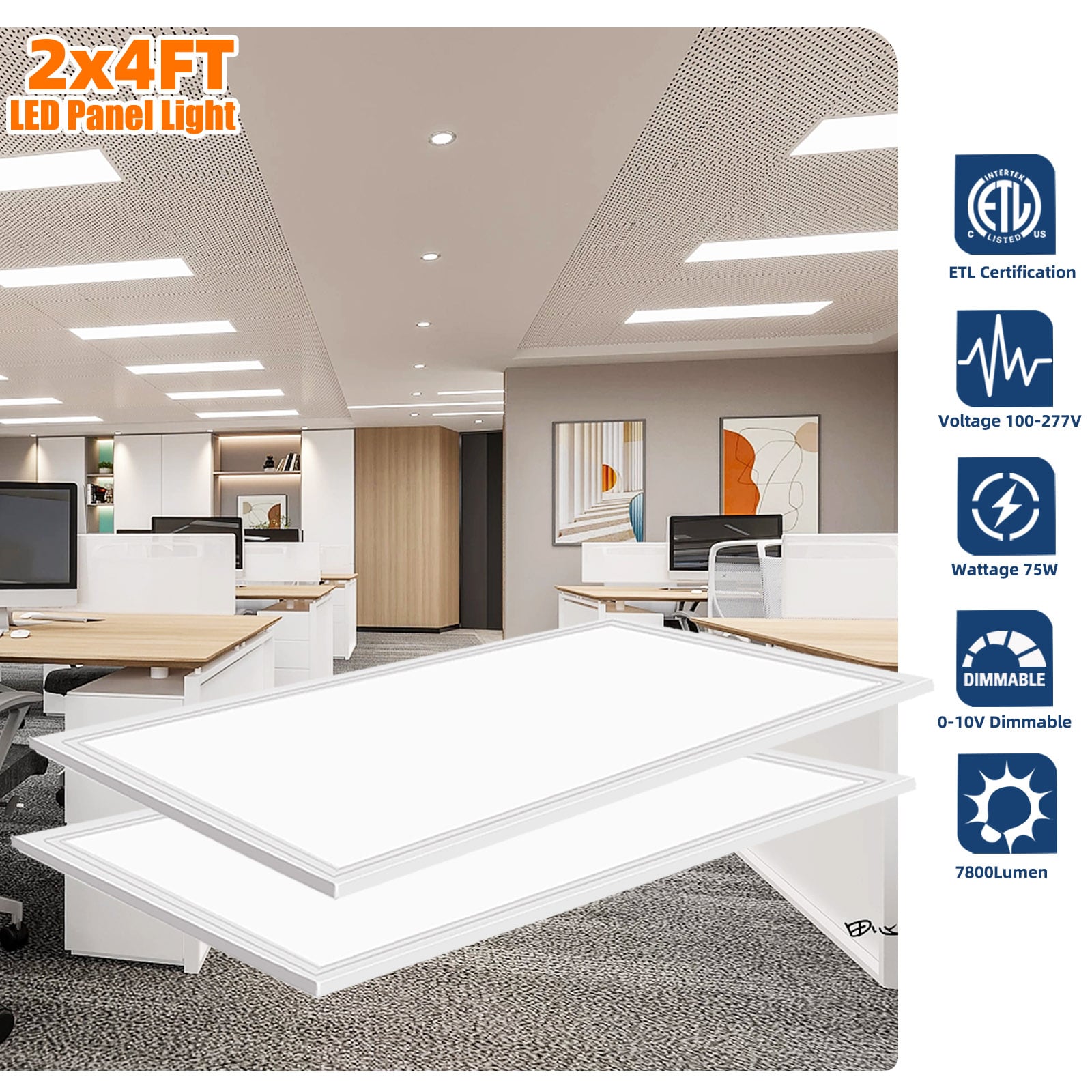 Honbei - 2 Pack of 2ft x 4ft 7800 Lumens Integrated LED Panel Light 5000K White ETL Listed