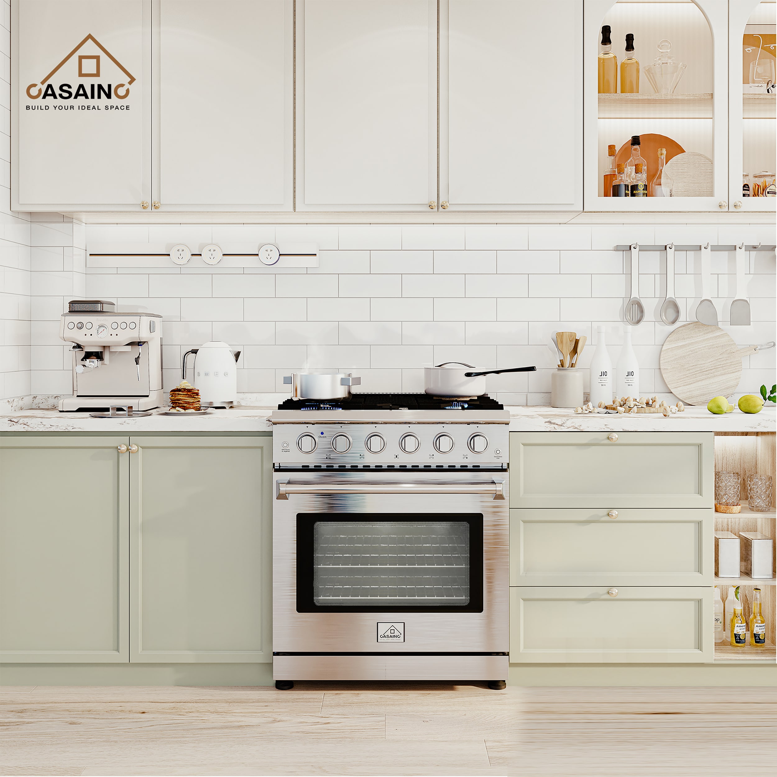 Cream kitchen with high-end viking stove and range hood;Victoria