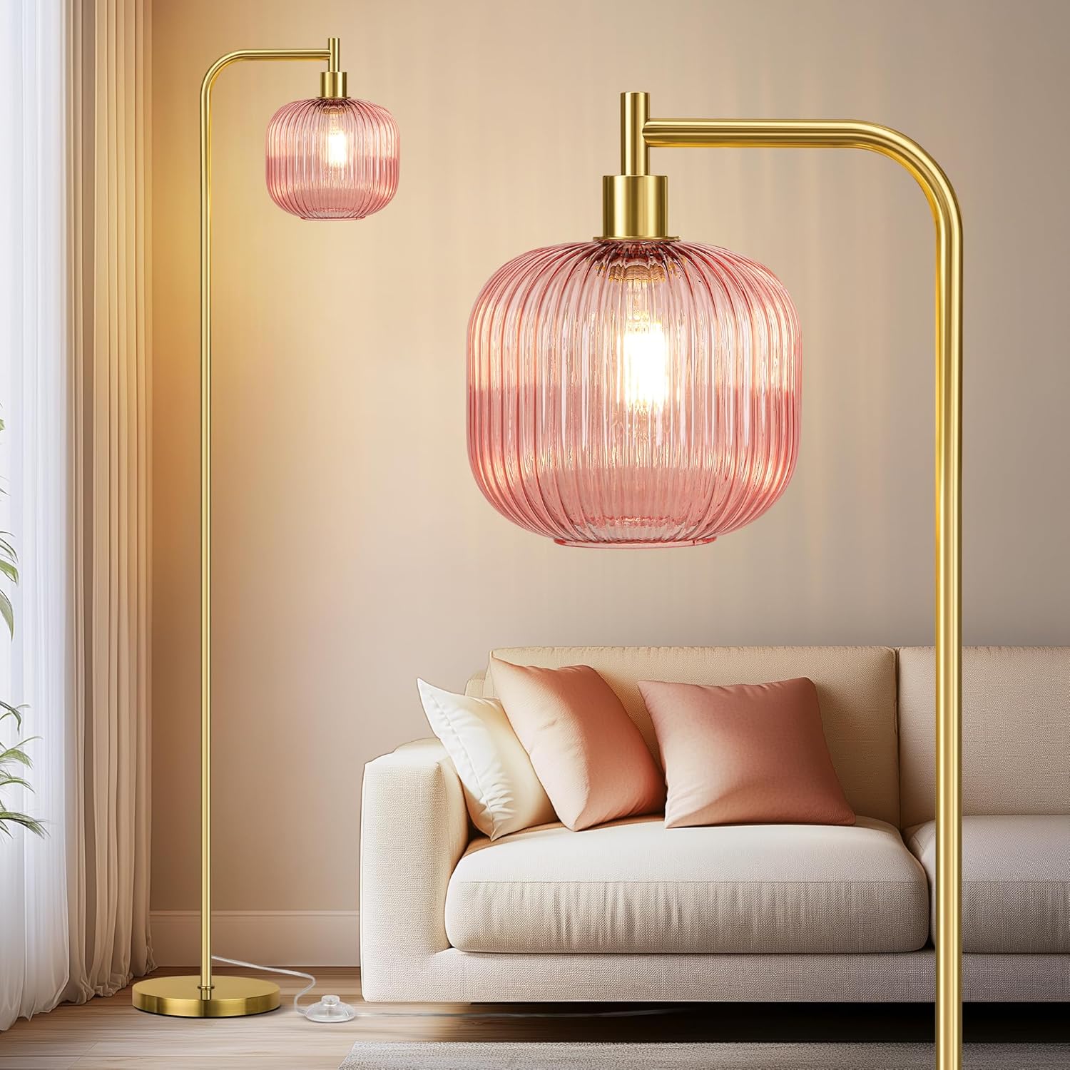 Cinoton Glass Floor Lamp for Living Room Modern Standing Lamp with Pink Ribbed Glass Lampshade Pedal Switch Tall Lamp for Bedroom Brushed Gold