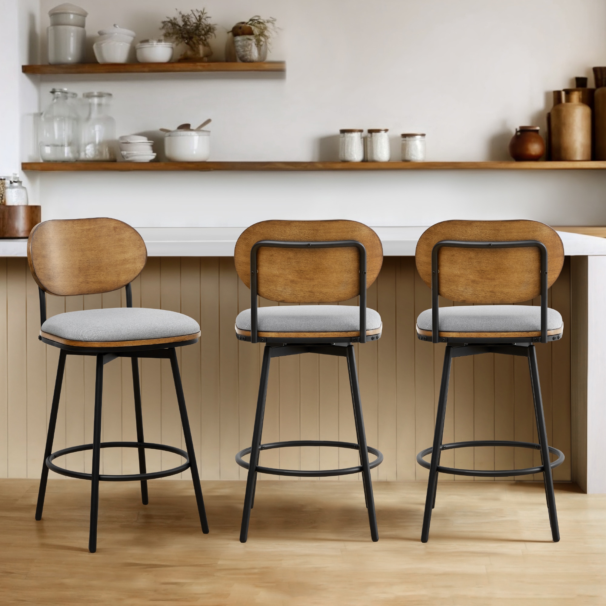 Circle 55 3-LWSBS72022-B-L2265 3 -Set Light Gray 27.2-in H Counter height Round seat Upholstered Swivel Metal Bar Stool and Back