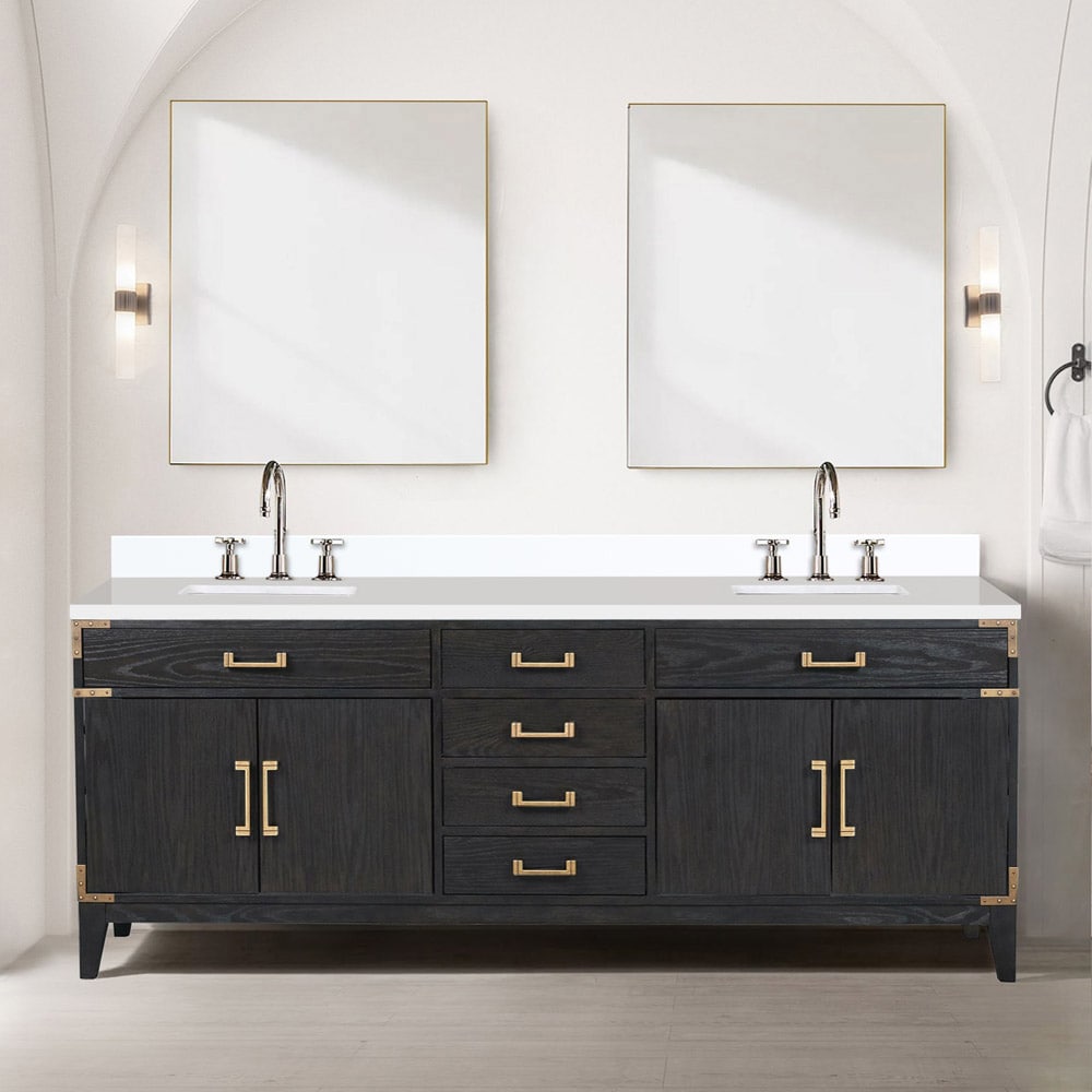 Lexora LVW84DJ311 Wilton 84-in Black Oak Undermount Double Sink Bathroom Vanity with White Cultured Marble Top (Mirror and Faucet Included)