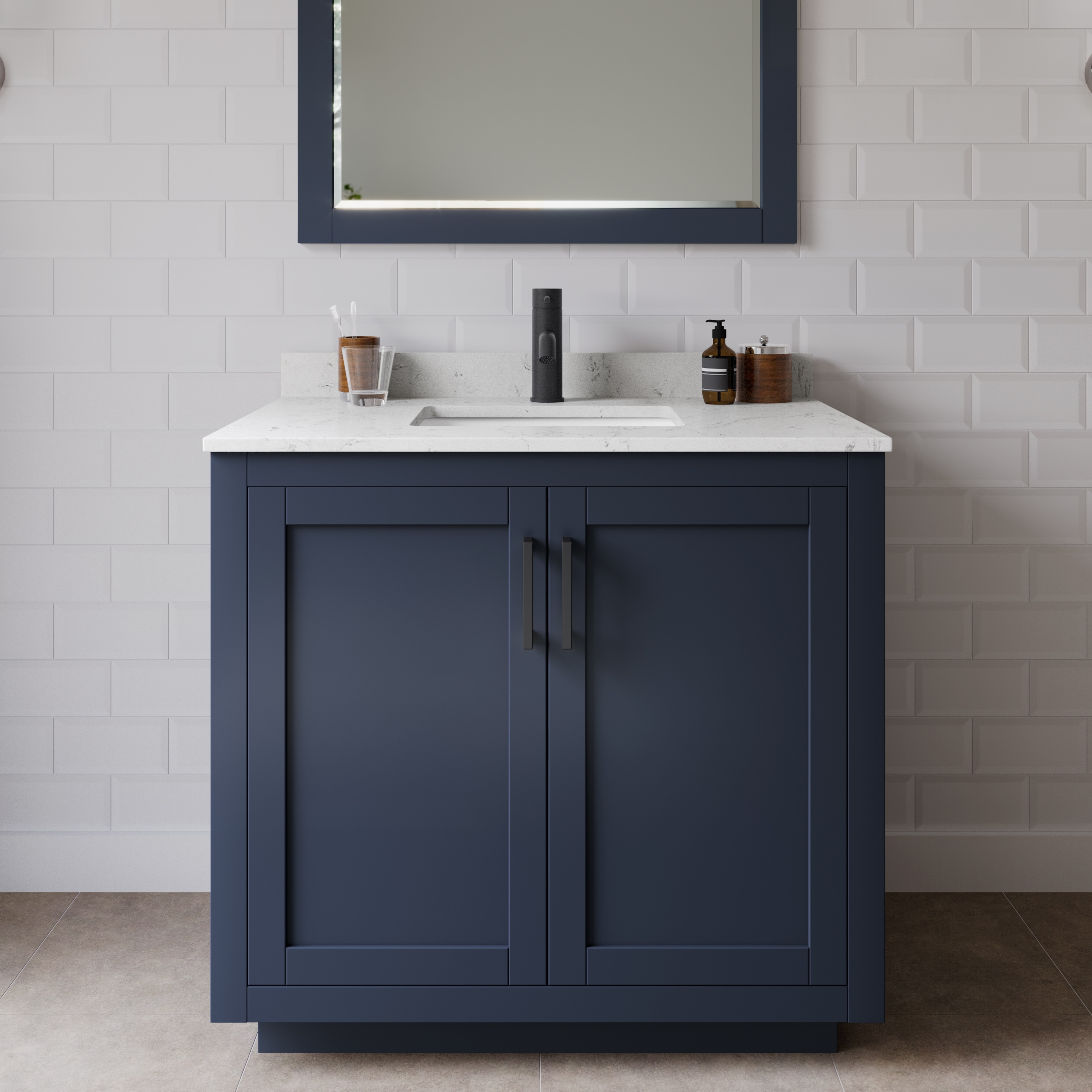 Wyndham Collection WCF292936SBBC2UNSM34 Miranda 36-in Dark Blue with Matte Black Trim Undermount Single sink Bathroom Vanity with Carrara Cultured Marble Cultured marble Top (Mirror Included)