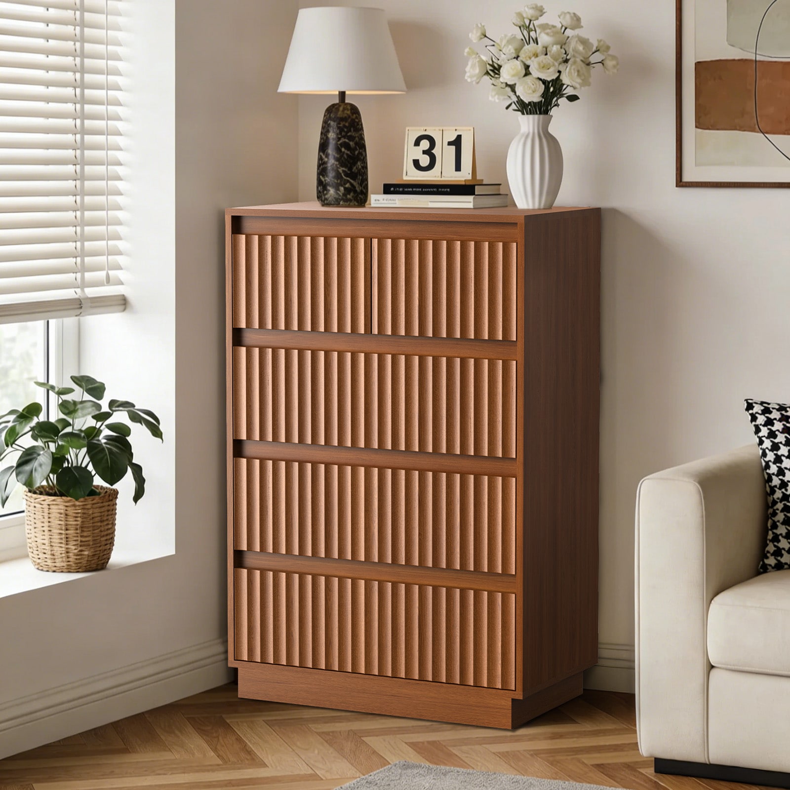 BCANhome Dejesus 5 Drawer Dresser 27.5 Inch W Single Dresser With Waveform Fluted Panel