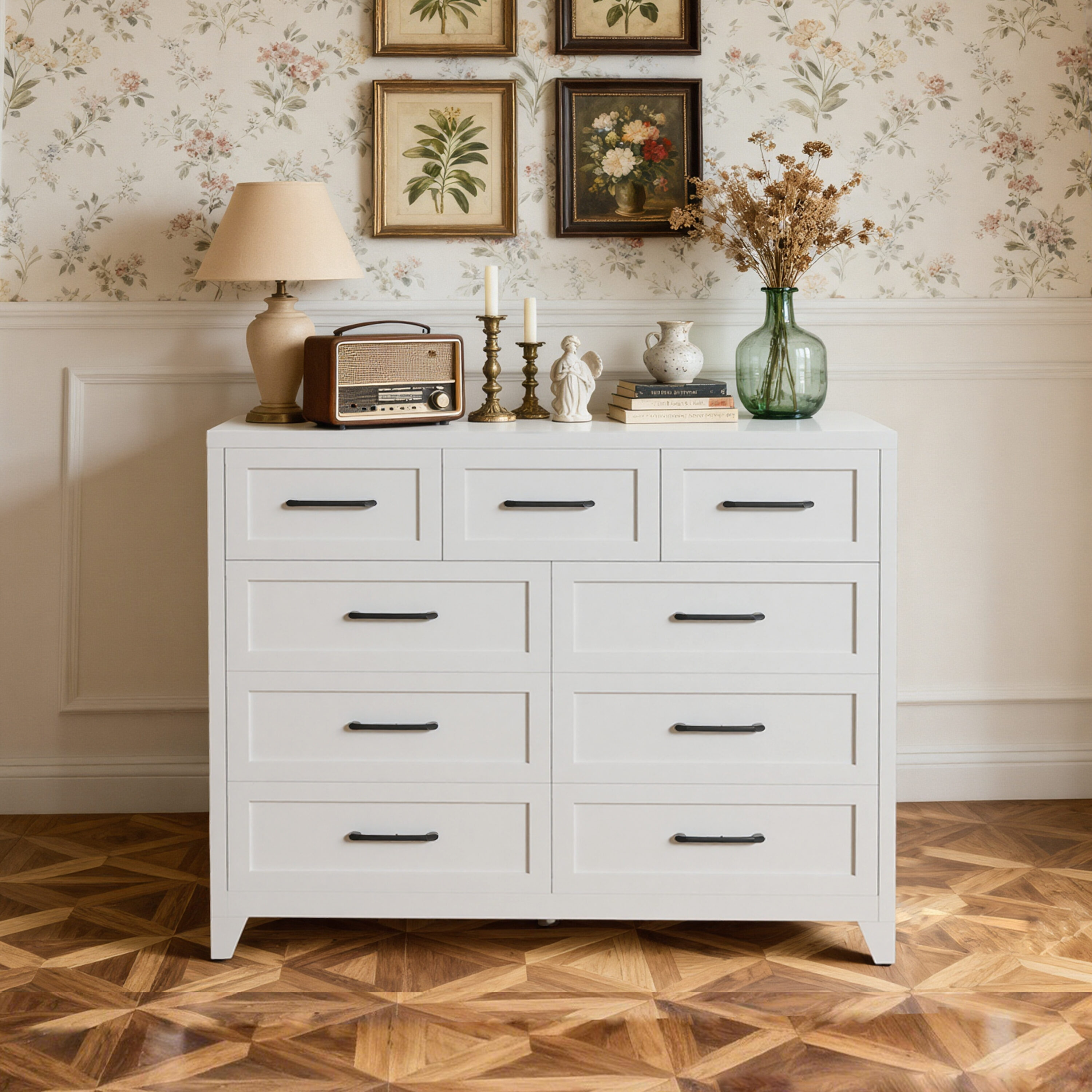 Tinyhomie 9 Drawer Tall Dresser White Metal Storage Cabinet with Smooth Gliding Drawers Space Saving Chest of Drawers for Bedroom Living Room Entryway Strong 5 Foot Design and Modern Handles