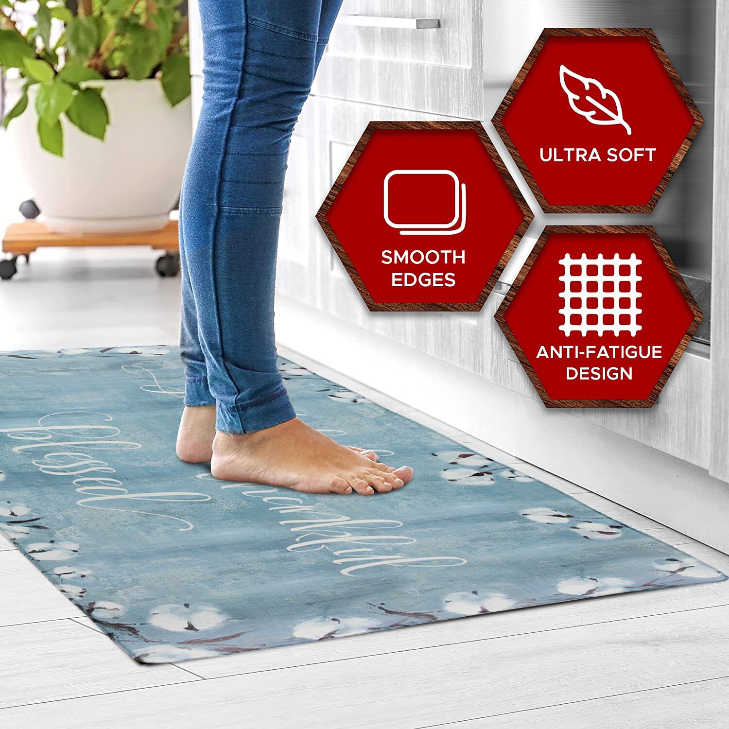 Grateful Thankful Blessed Blue PVC Anti-Fatigue Kitchen Mat