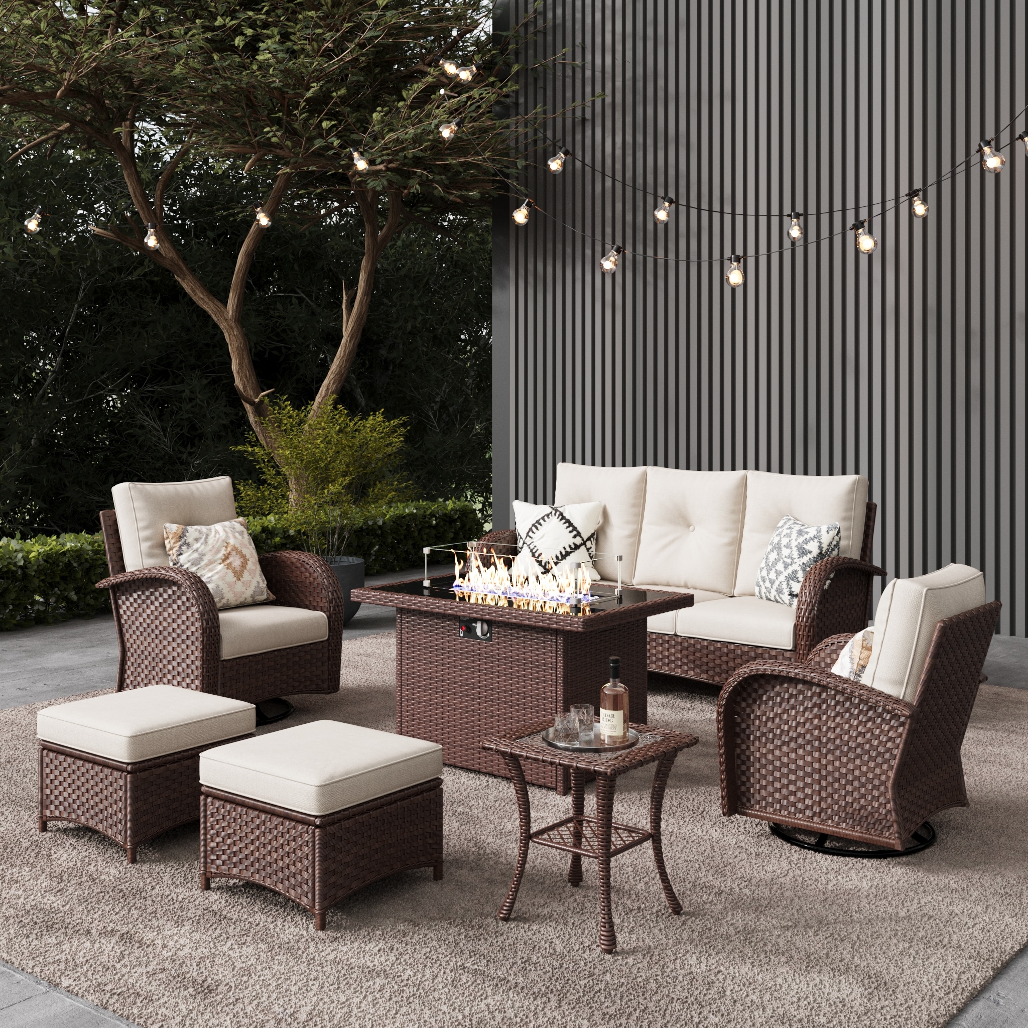 LayinSun FP7005A-BRBEIGE-7PWT 7 -Piece Outdoor Rattan Patio Conversation Set with Fire Pit and Beige Cushions
