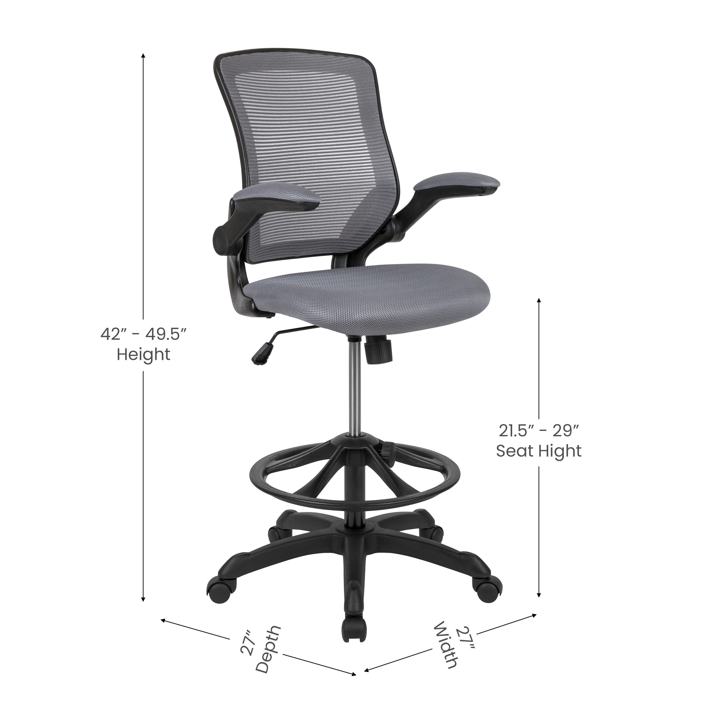 Dark Gray Mesh Ergonomic Drafting Chair with Adjustable Arms