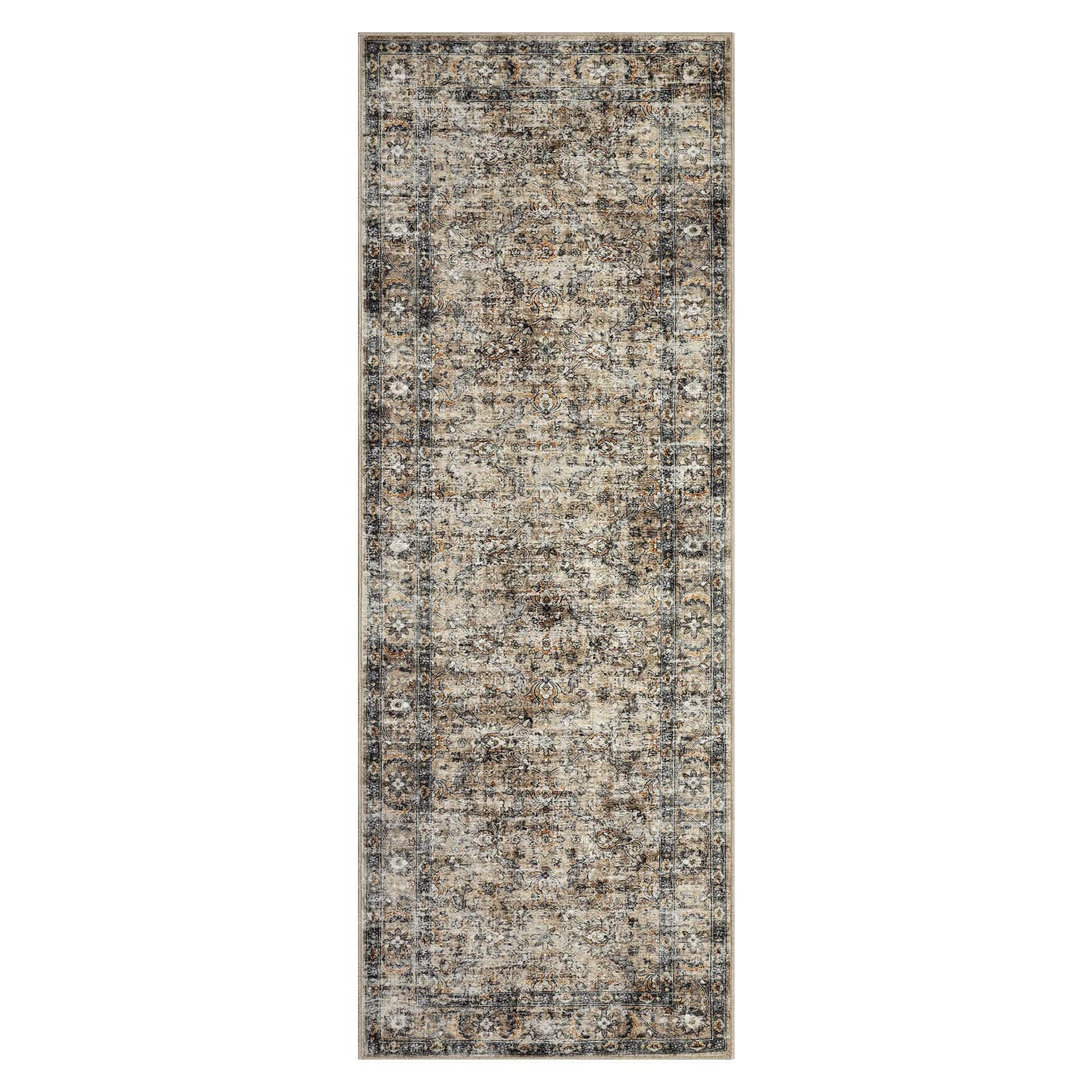 Qeetex LSN-PHO-34PVDSBX 2 x 6 ft Polyester Cashmere Imitation Brown Rectangular Hallway Bathroom Entryway Kitchen Office Foldable Flower Printed Persian Washable Area Rug