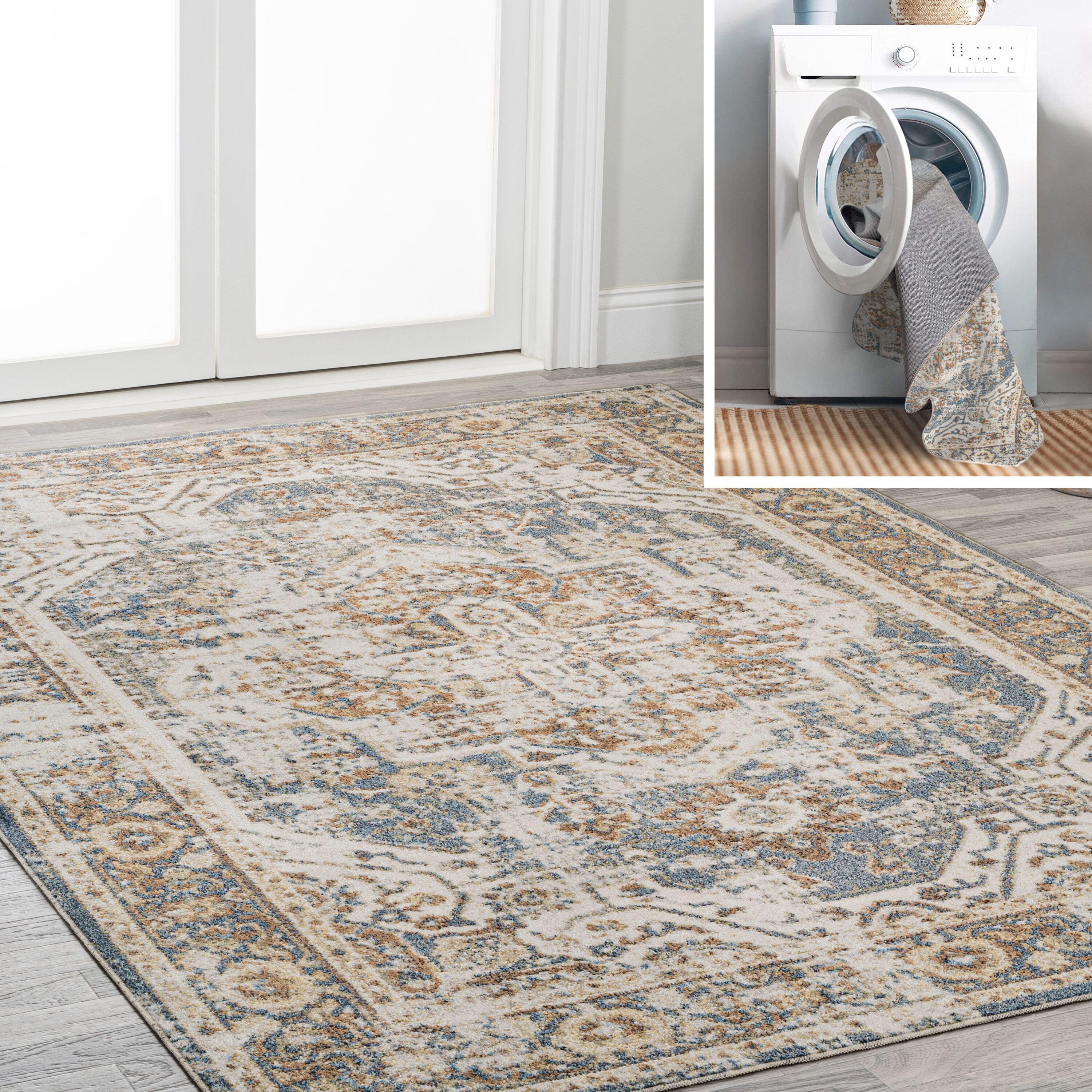 JONATHAN  Y WSH316A-3 WASHABLE Keesha Bold Distressed Medallion Low-Pile 3 x 5 (ft) Loomed Polyester Blue/Cream Rectangular Indoor Distressed/Overdyed Persian Machine washable Area rug
