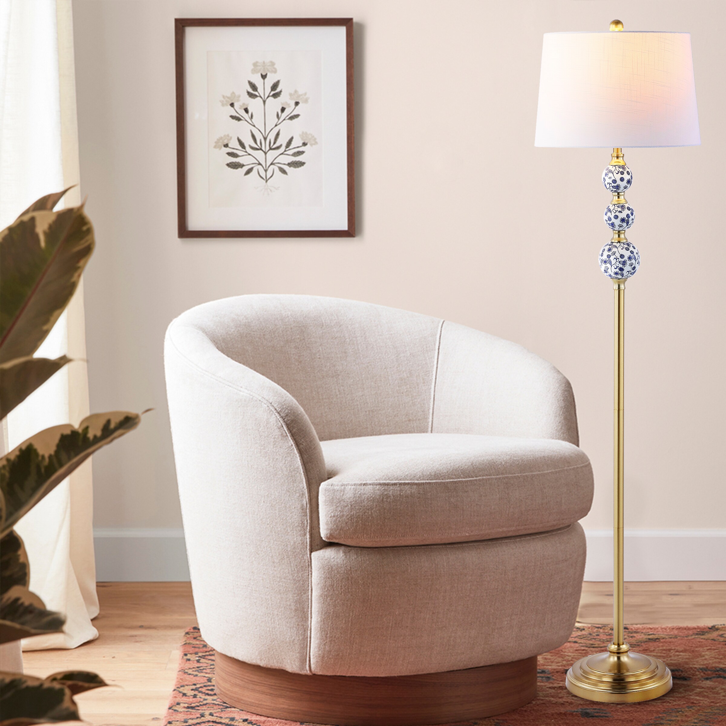 JONATHAN  Y Tavira Iron Classic Mid-Century 62.5-in Brass Gold/Blue Stick Floor Lamp with Linen Shade