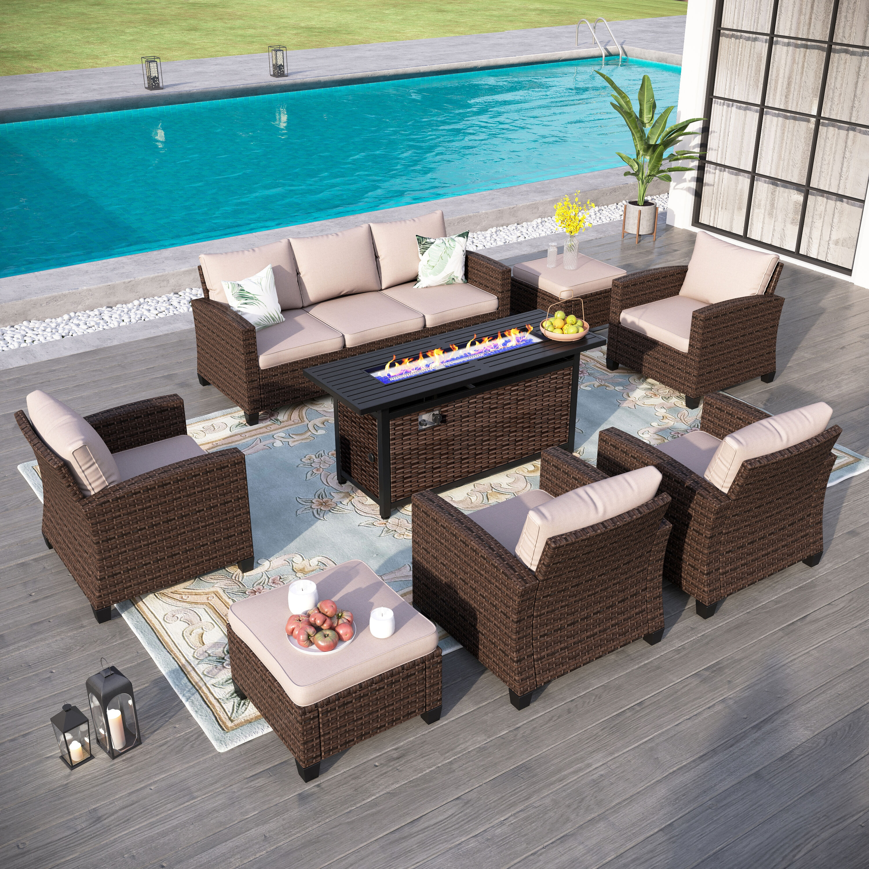 Sunshine Valley CR006-26-12-BU Patio Furniture Set with Fire Pit Table 8 -Piece Wicker Patio Sofa Conversation Set with Tan CUSHION PRO Cushions