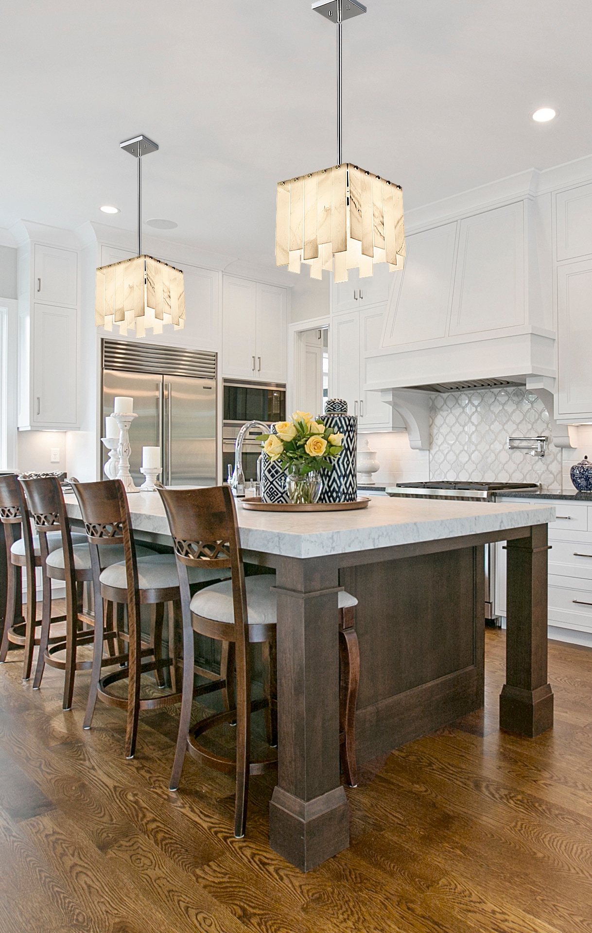 Art Deco Minimalist Alabaster & Polished Nickel Pendant Light