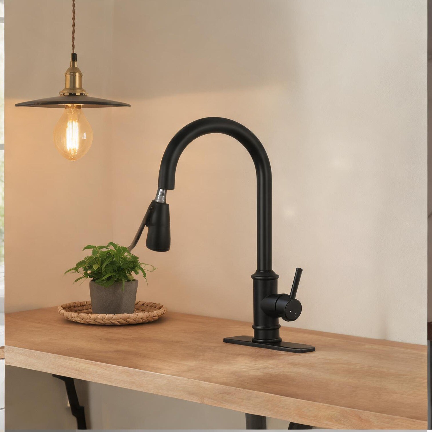Naturefalls Single-Handle High-Arc Pull-Out Kitchen Faucet in Jet Black Stainless Steel