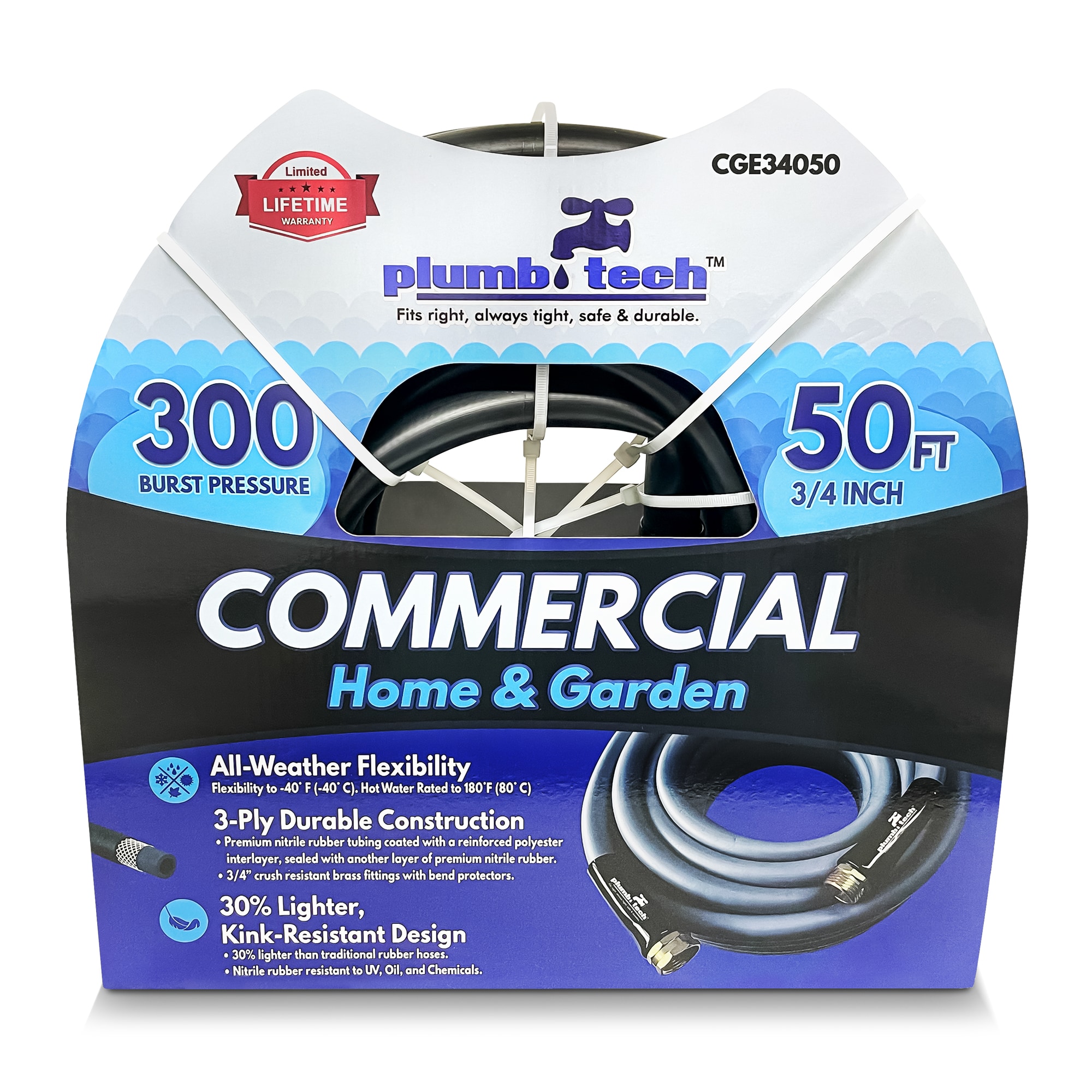 Plumb Tech - Commercial 3/4-in x 50-ft Heavy -Duty Kink Free Rubber and vinyl Black Hose