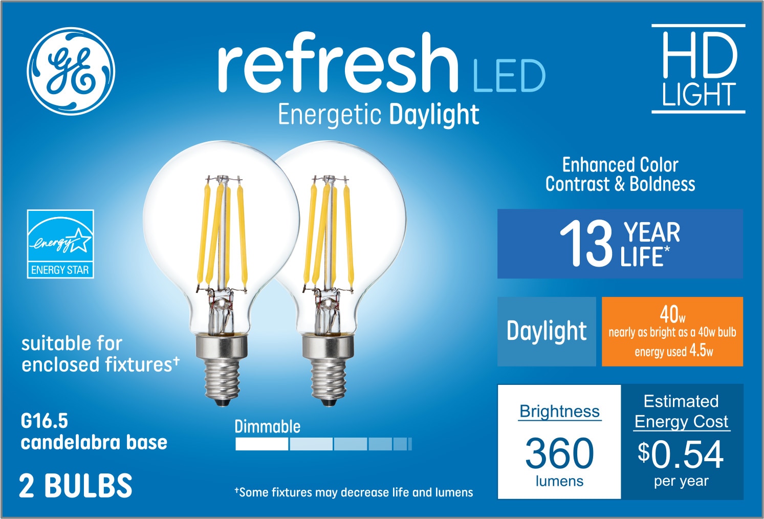 GE 40 -Watt EQ G16.5 Daylight Candelabra base (E-12) Dimmable LED Decorative Light Bulb 2 -Pack