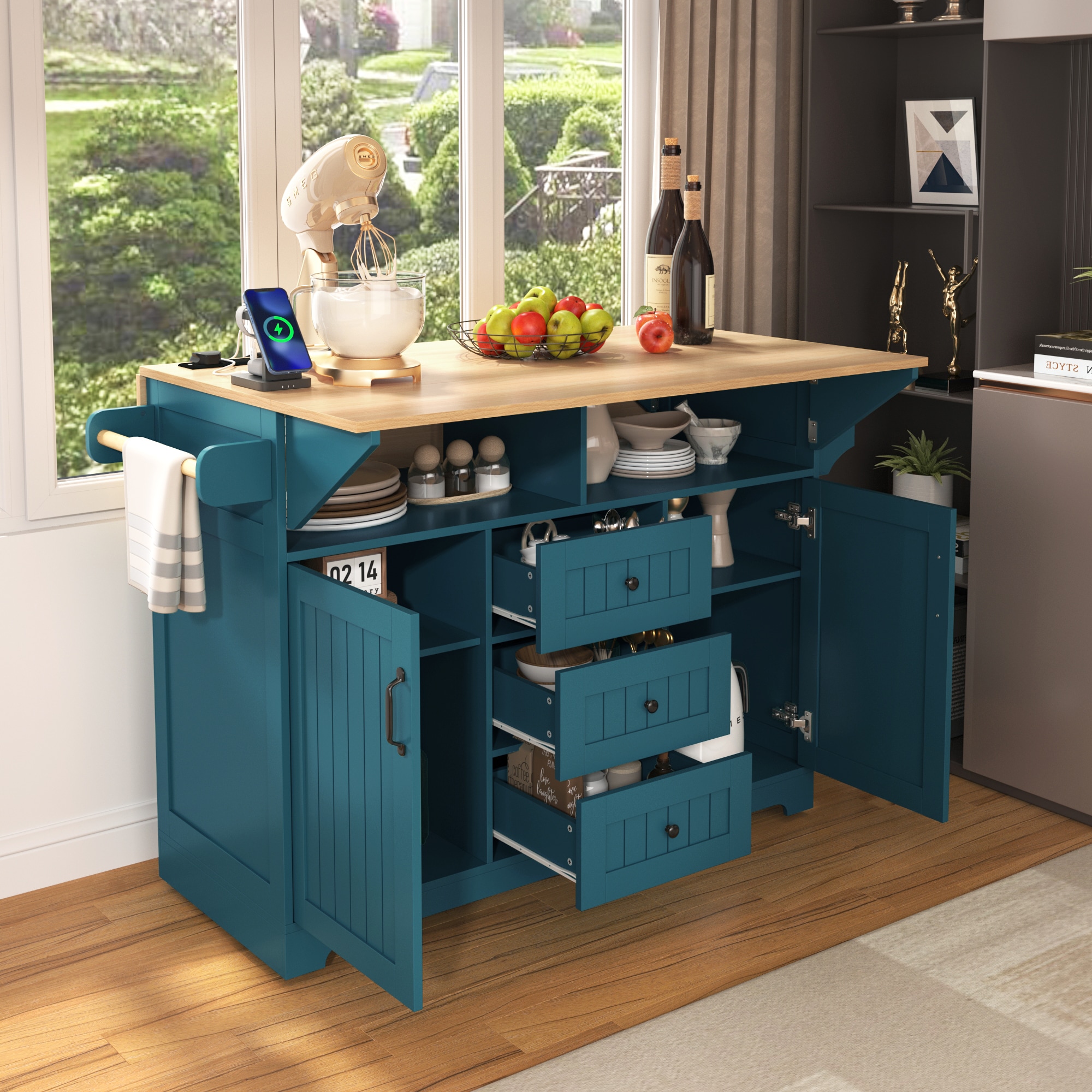 Xspracer ML-KI617E Green MDF Base with Wood Wood Top Rolling Kitchen Island ( 34-in x 56-in x 37-in )