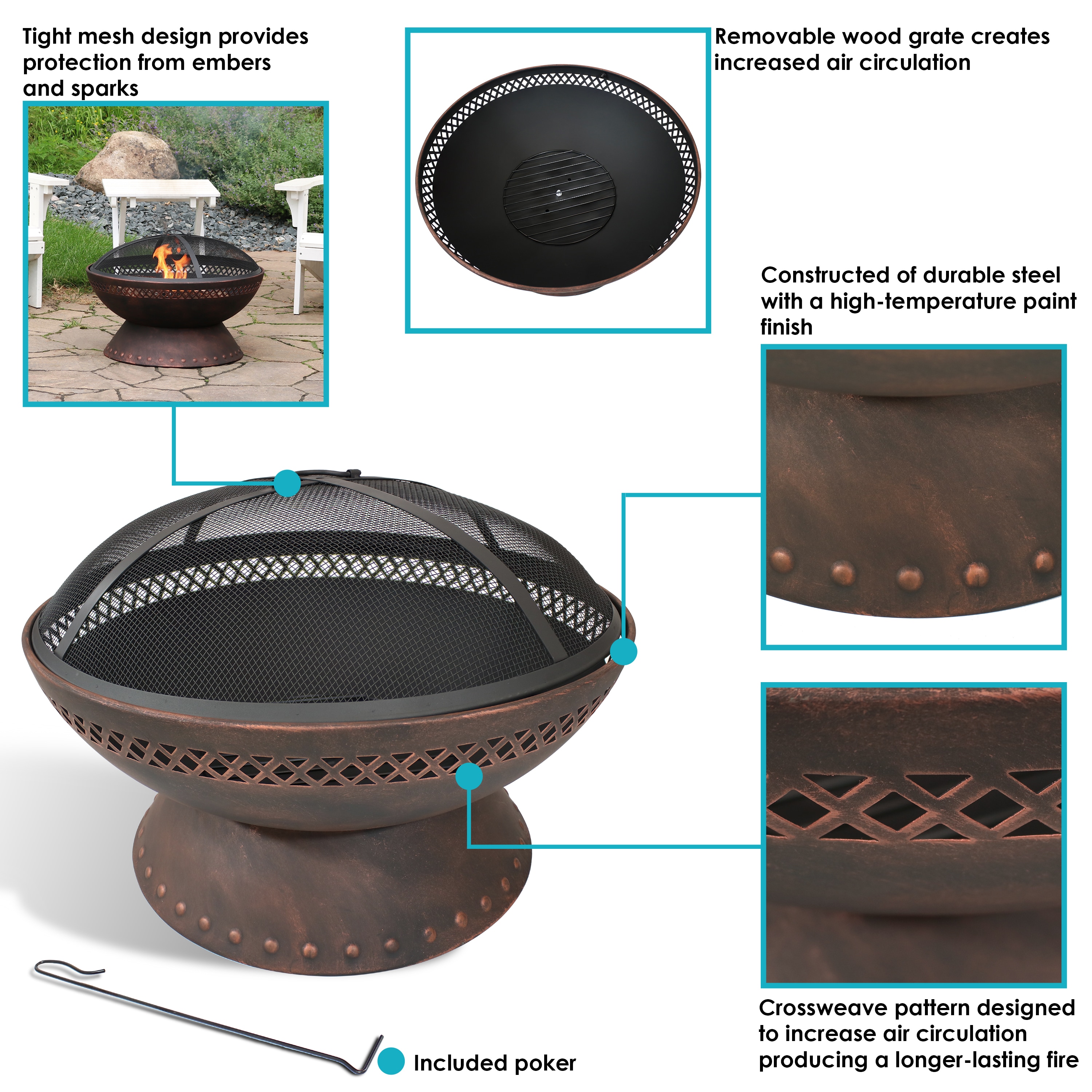 25-Inch Black Steel Wood Burning Fire Pit with Spark Screen