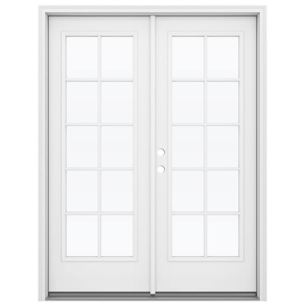 JELD-WEN LOWOLJW182300030 F-3500 60-in x 80-in x 4-9/16-in Jamb Low-E External grilles , Primed Fiberglass Right-hand inswing French Double Patio Door Brickmould Included