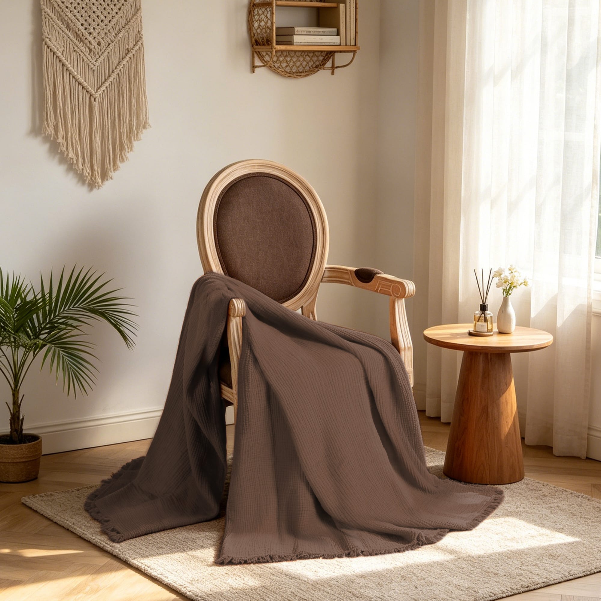 Awesome Home Chocolate 59-in x 79-in Cotton Gauze Self Fringe Throw