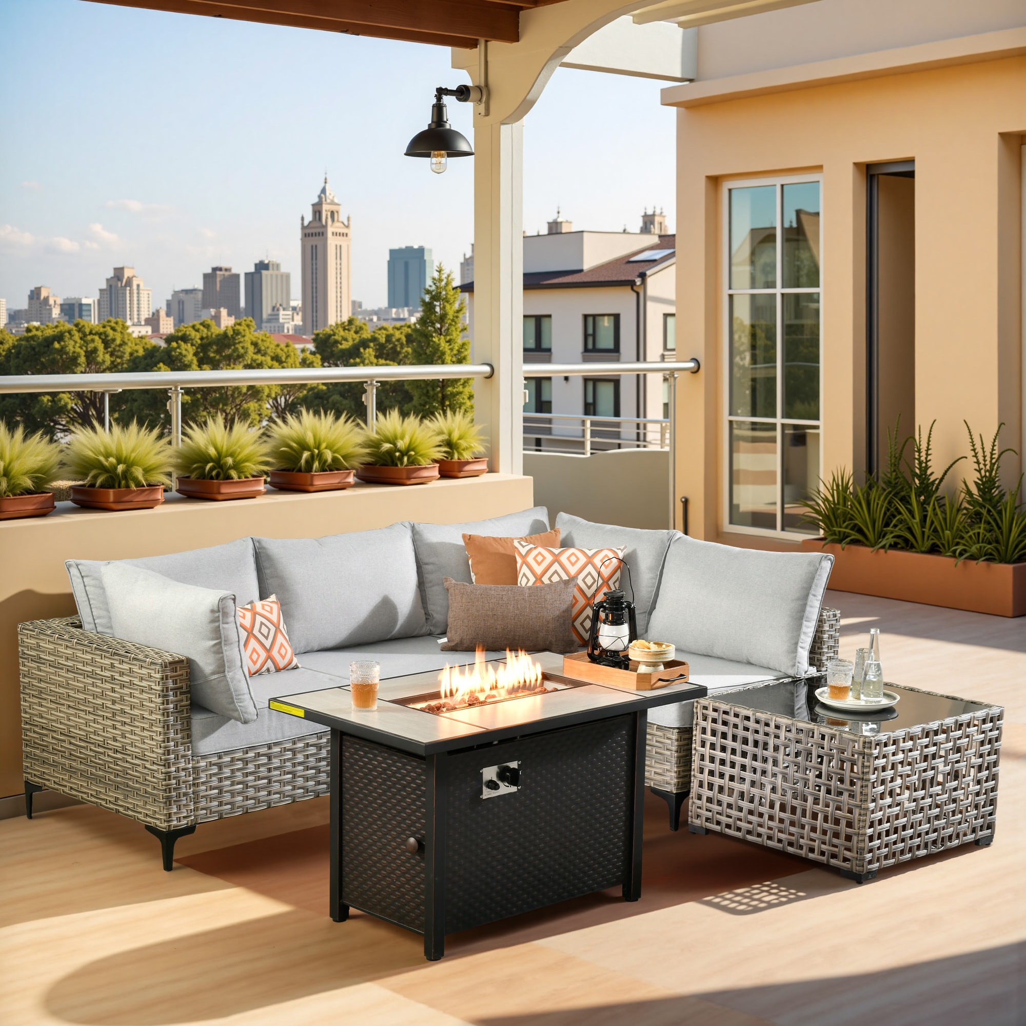 Pouuin CFPSKT405 Wicker Outdoor Sectional with Light gray Cushions and Wicker Frame