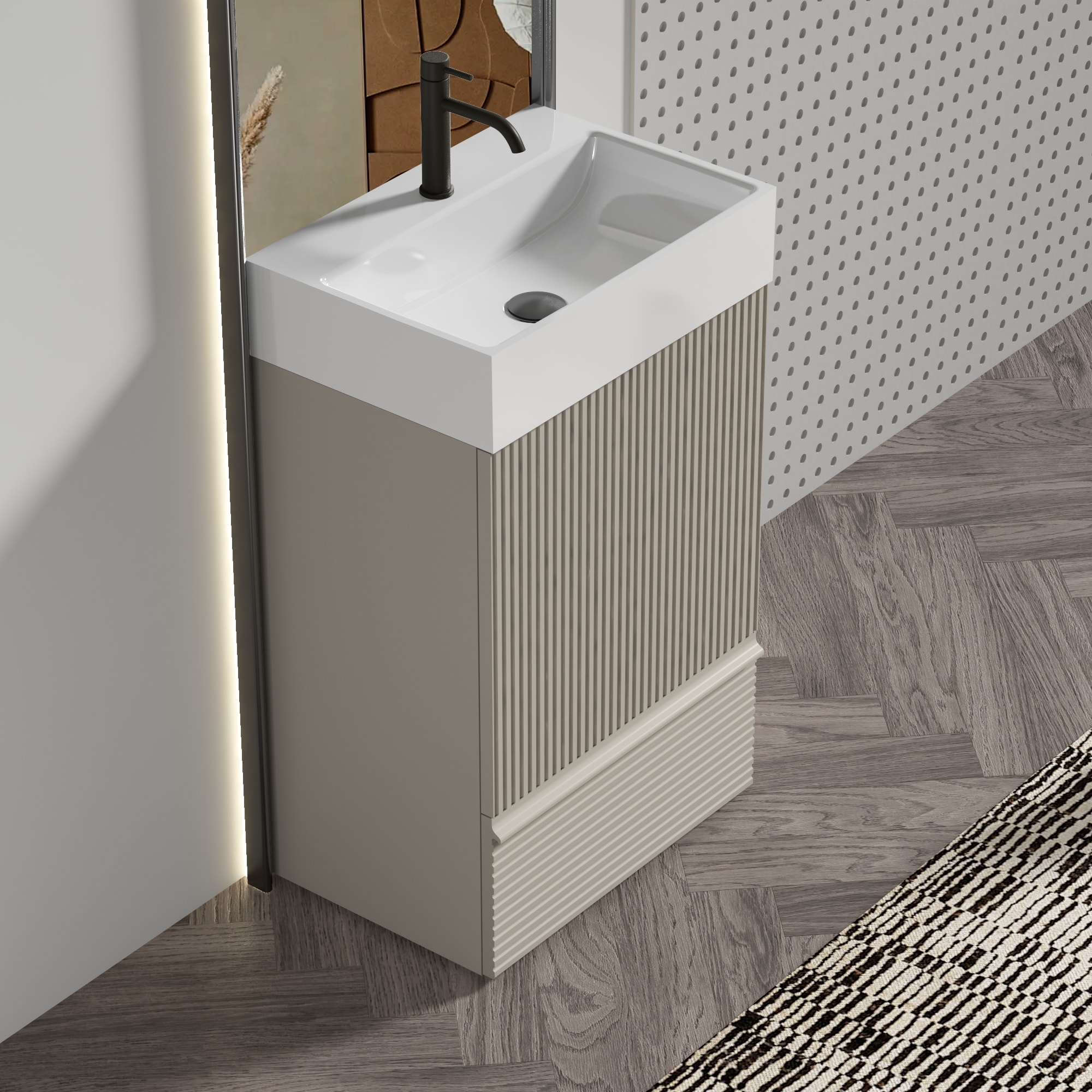 Wooakway 20 Inch Striped Cashmere Grey Bathroom Vanity with Ceramic Sink Freestanding Bathroom Cabinet