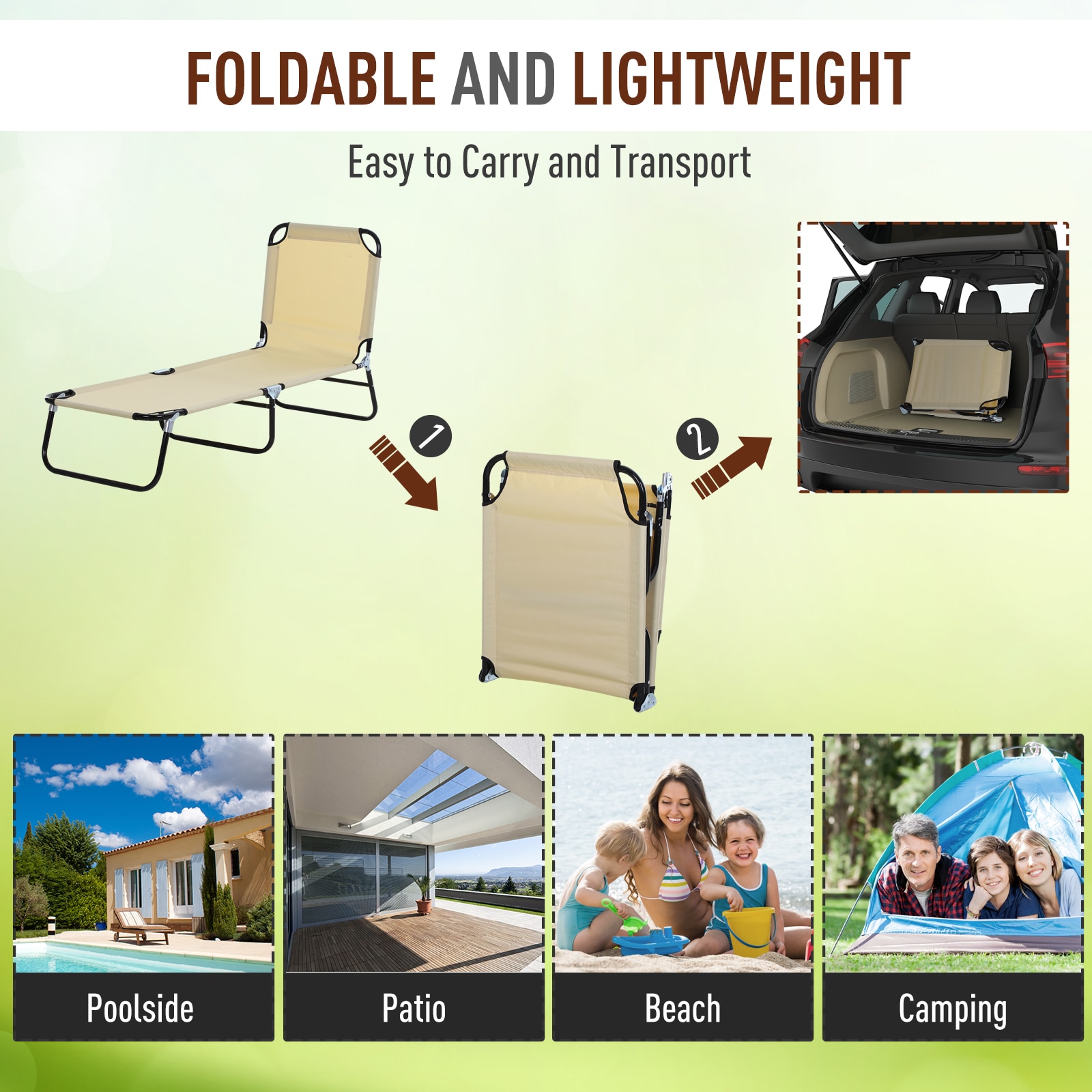 Beige Foldable Outdoor Chaise Lounge Chair with Steel Frame