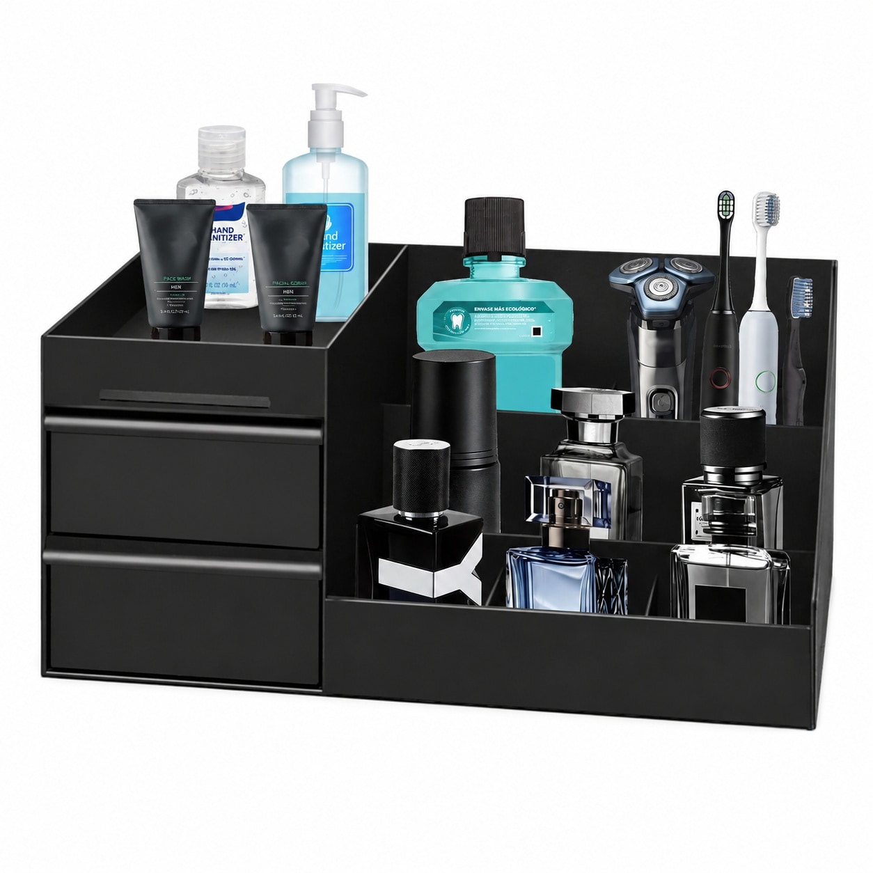 LILILIAN FMY Mens Bathroom Organizer with Drawer Black Cologne and Perfume Display Stand with Storage Shelf for Vanity Bathroom Counter and #LRO0827O459