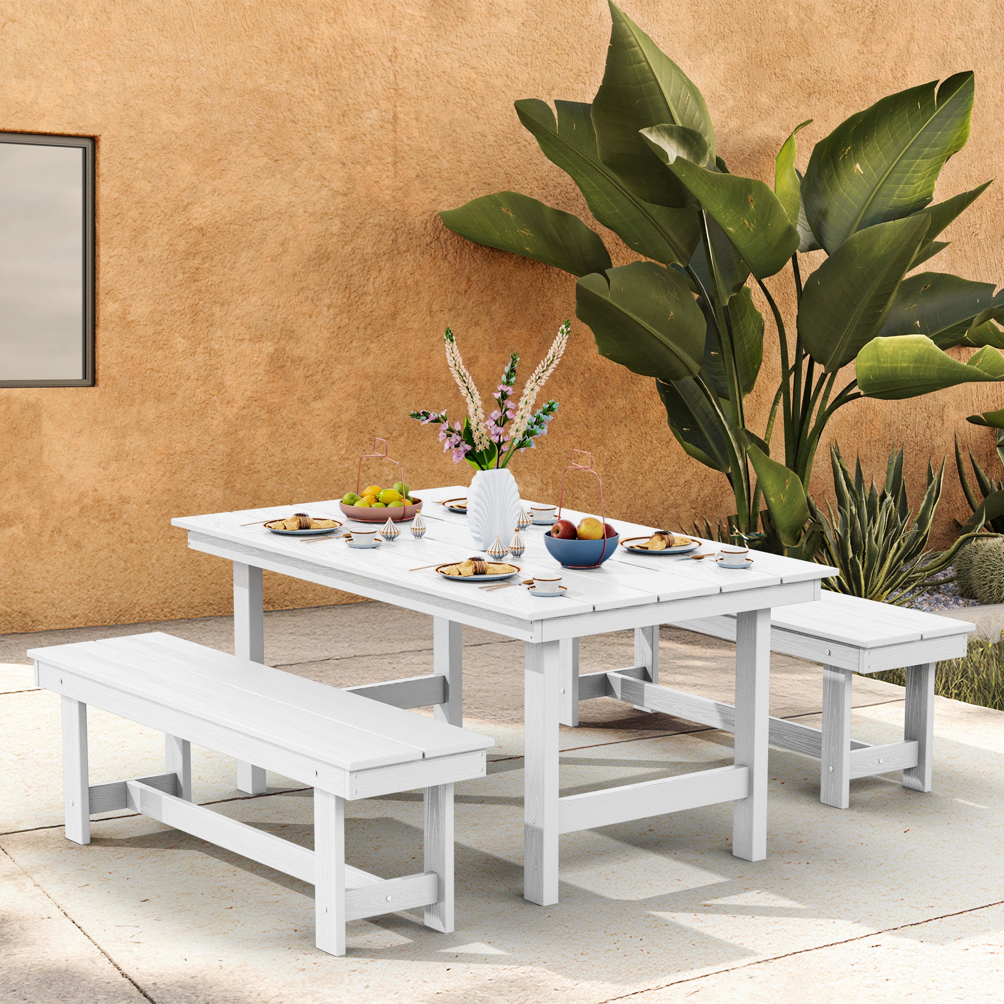 JEAREY PECZD3JT-WE 3-Piece HDPE Outdoor Dining Set with Umbrella Hole Table and Two 2-Person Benches 3 -Piece White Patio Dining Set Plastic Rectangle Table with 2 Stationary Chairs