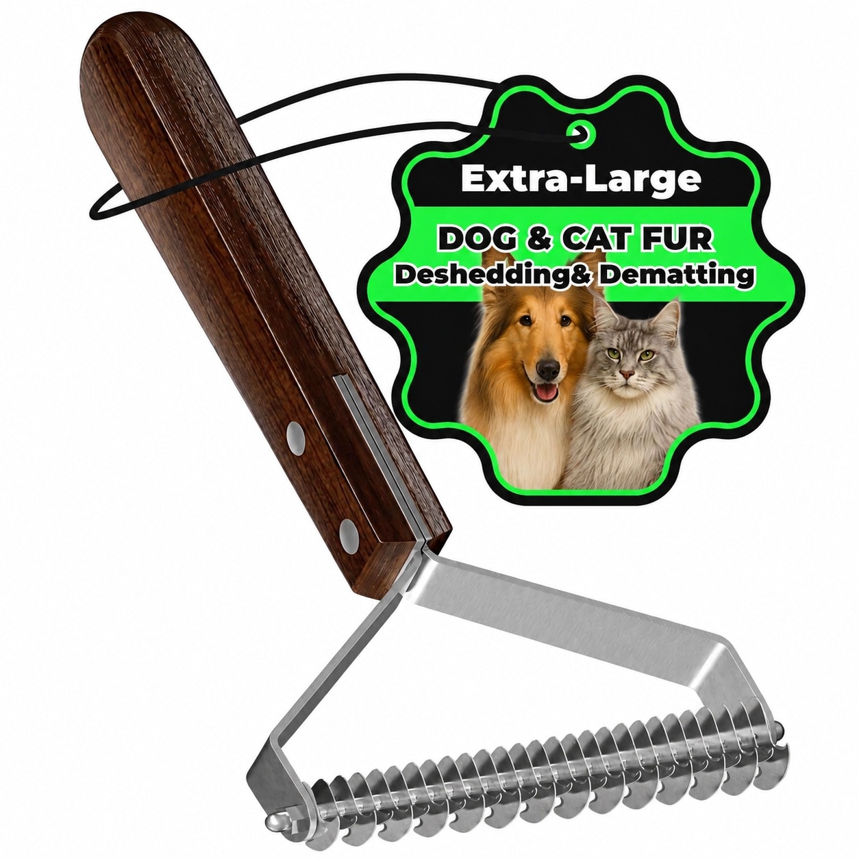 ITOPFOX  Extra Large Double Sided Undercoat Rake for Dogs and Cats Walnut Wood Handle Grooming Brush for Shedding and Dematting Safe for Medium