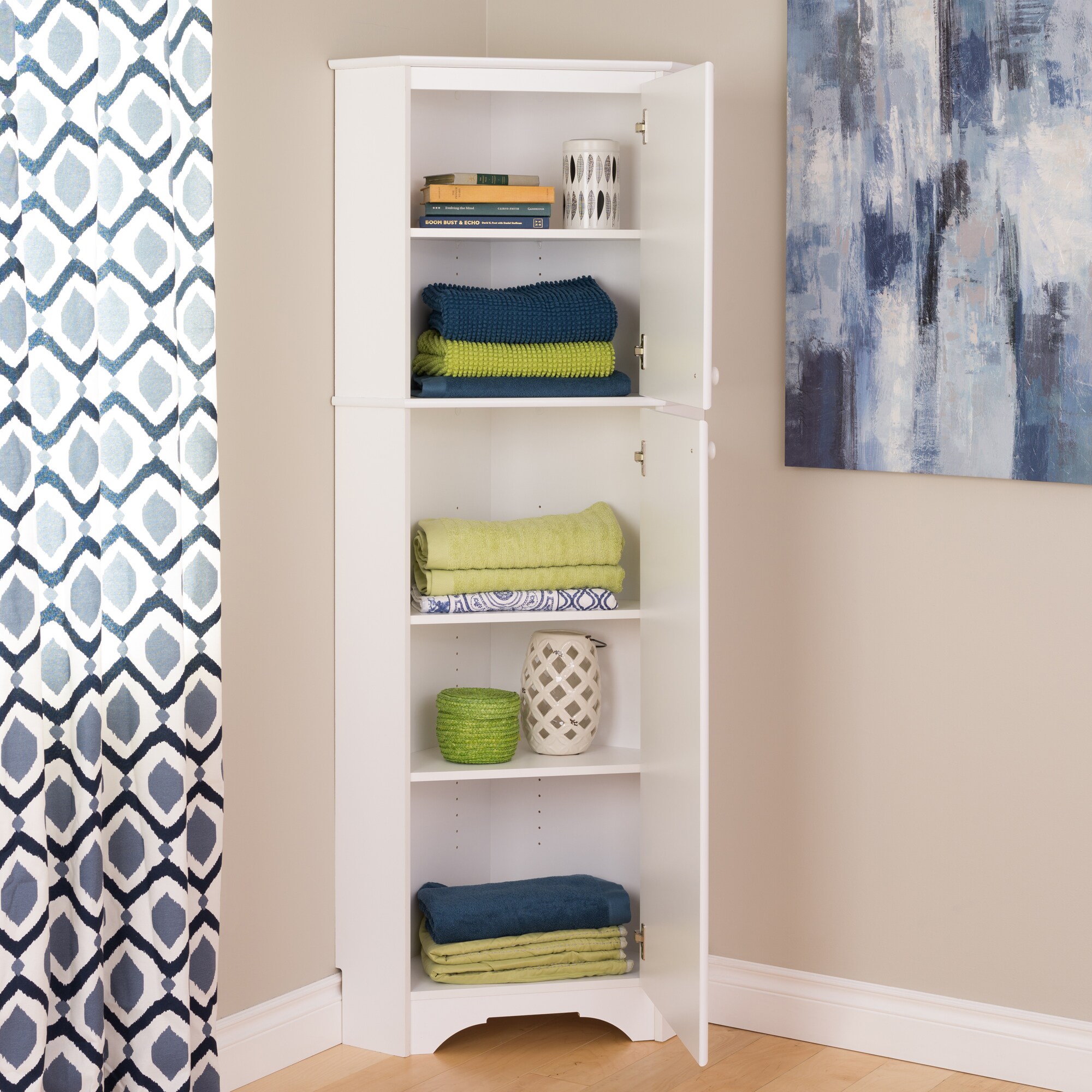 Elite Tall White Freestanding Corner Storage Cabinet with Adjustable Shelving